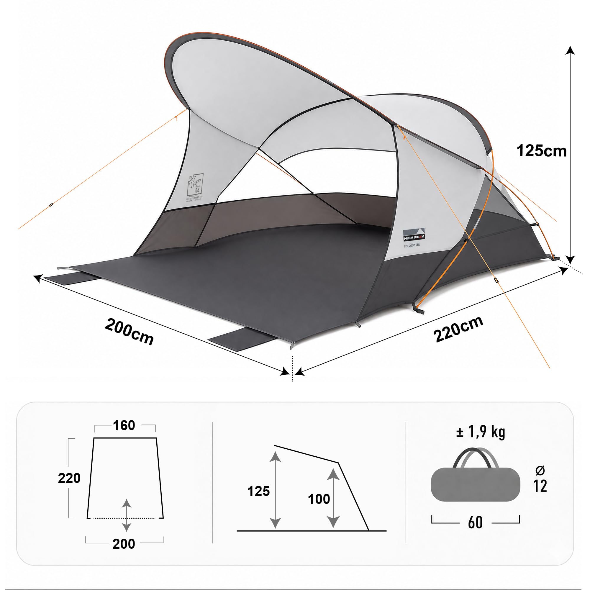 High Peak Strandmuschel mit UPF 80+, verlängertem Sonnendach und Windschutz