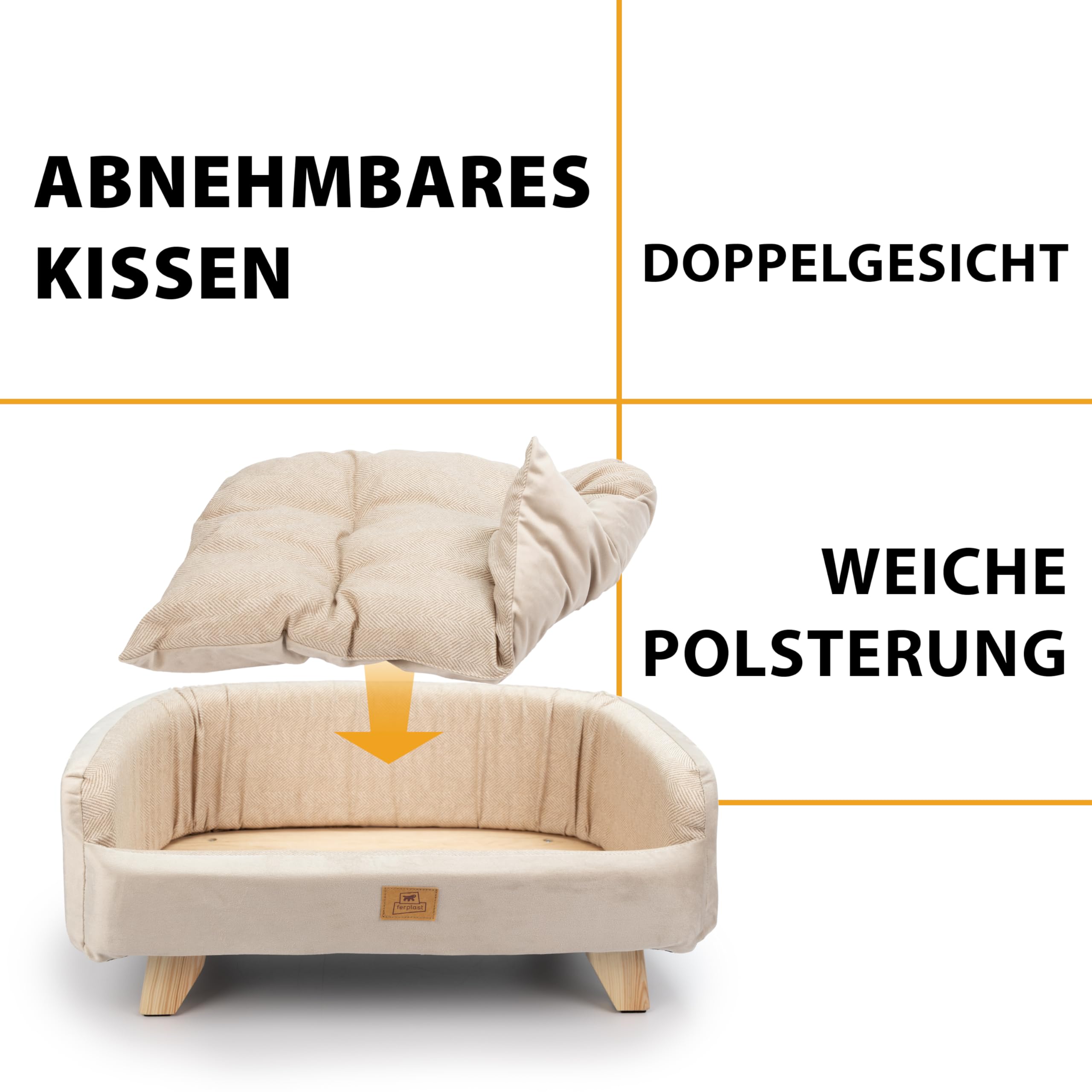 Ferplast Hundebett Katzenbett aus FSC®-zertifiziertem Holz mit weichem Kissen, Stil, Komfort und Haltbarkeit, 62 x 45 x H 26 cm.