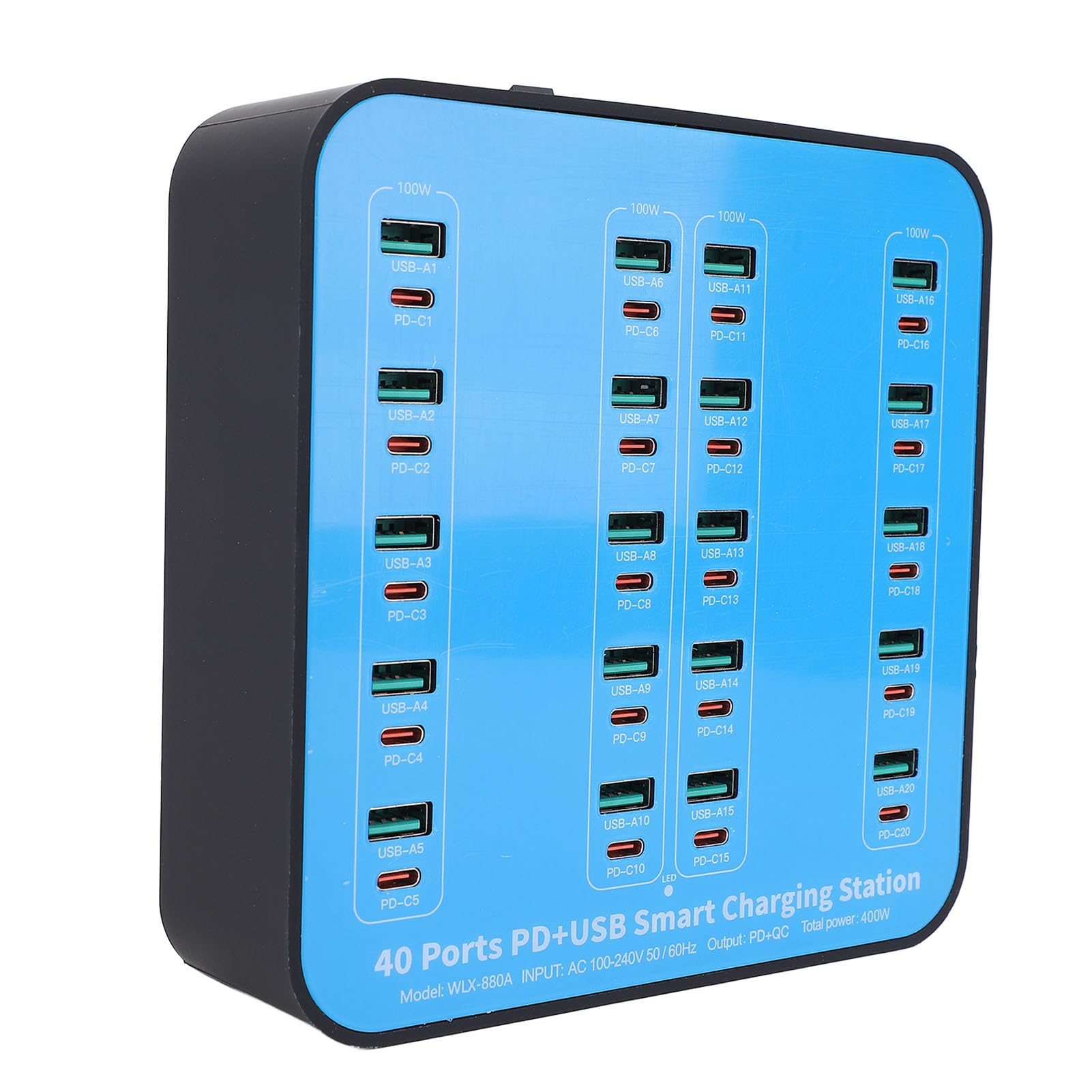 Sxhlseller Stazione di Ricarica USB a 20 Porte con Ricarica Rapida 20 PD, Caricabatterie Multidispositivo da 400 W per Smartphone, Laptop, Tablet, Doppie Ventole di Raffreddamento, per (Spina europea)