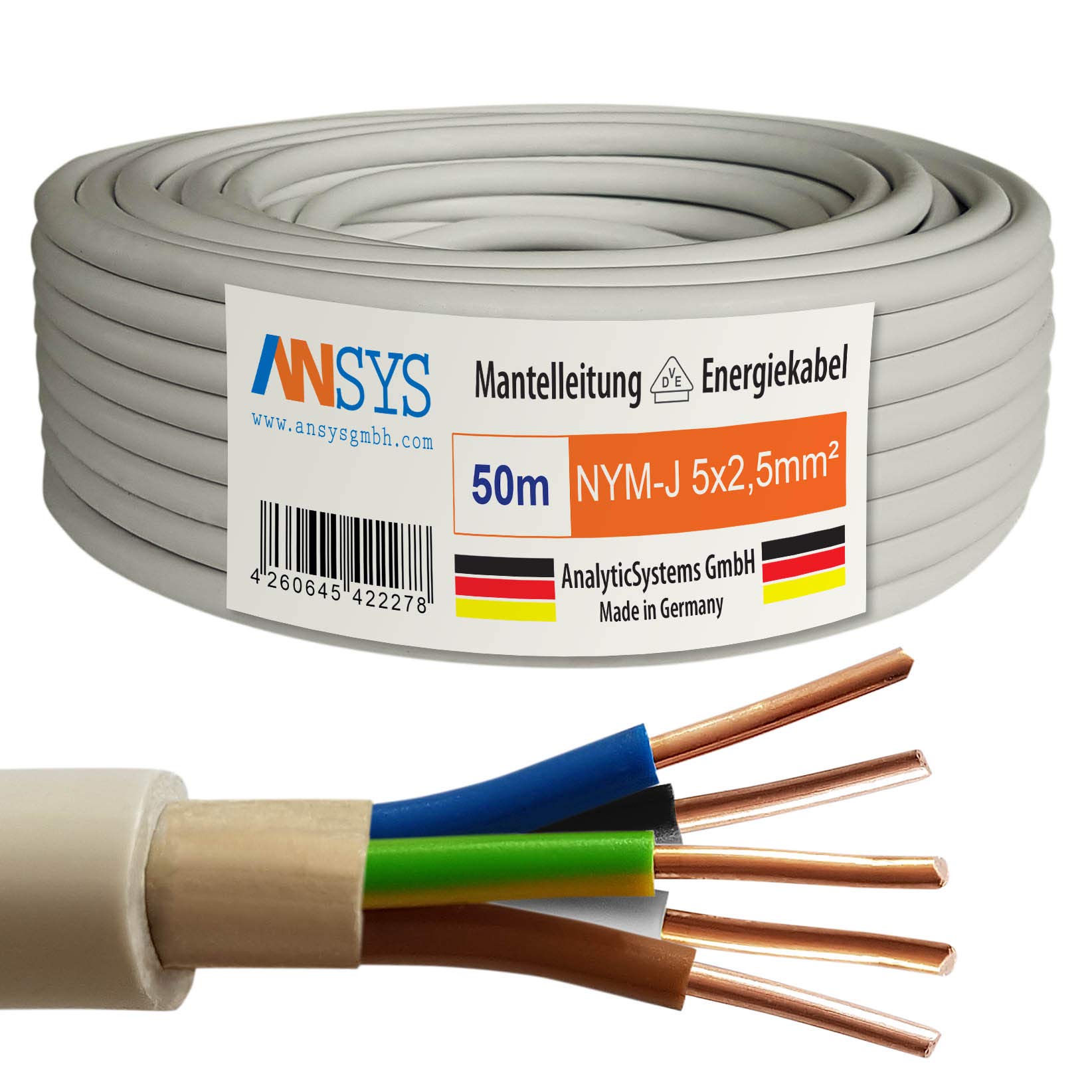 50m NYM-J 5x2,5 mm² Mantelleitung Feuchtraumkabel Elektrokabel Kupfer Made in Germany