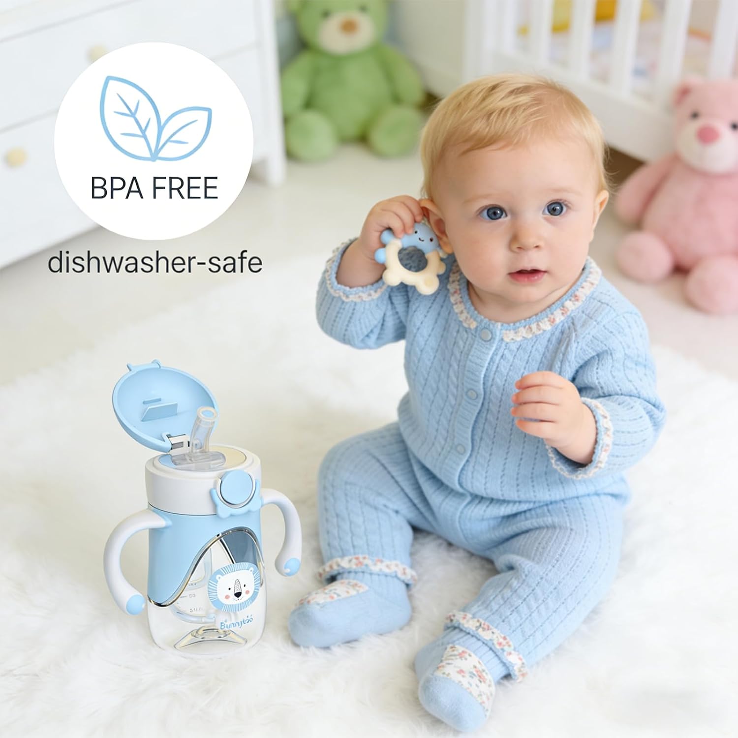 Bunnytoo Baby Sippy Cup with Weighted Straw for Infants 6-12 Months, 8oz Toddler Drinking with Handles, BPA-Free, Transition Trainer for 1+ Year Old (Blue) - Image 2