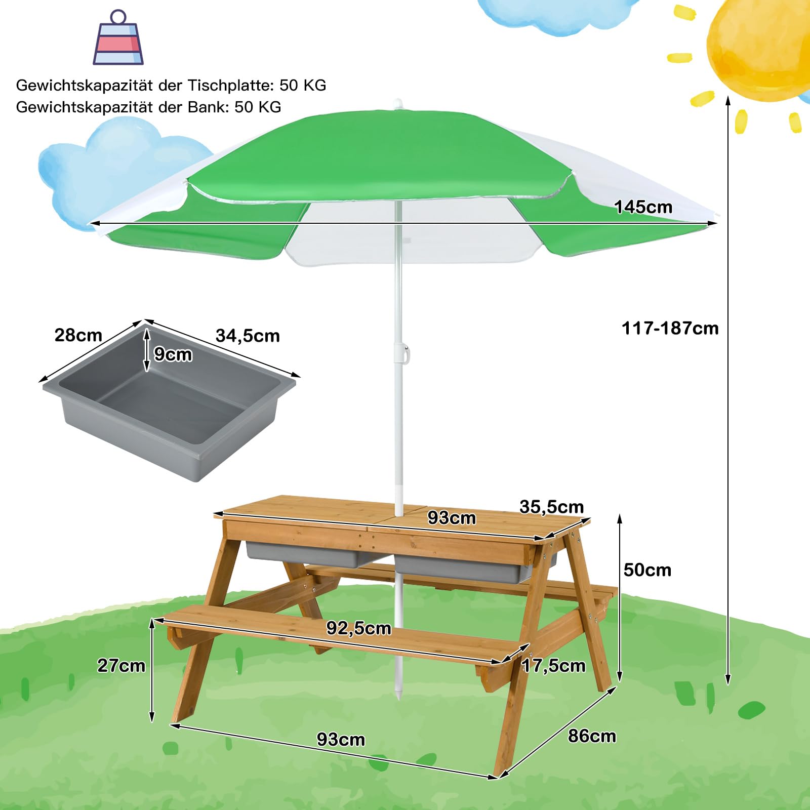 COSTWAY 3 in 1 Kinder Picknicktisch, Gartentisch mit Sonnenschirm & Bänke, Kindersitzgruppe Outdoor aus Holz mit Abnehmbarer Tischplatte & 2 Spielboxen für Garten, Hinterhof, Terrasse (Weiß+Grün)