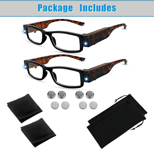 Miniatura 6 de Paquete de 2 lentes de lectura con luz LED brillante, lectores con luces, anteojos de lectura con luces en el marco, lupa iluminada, lector