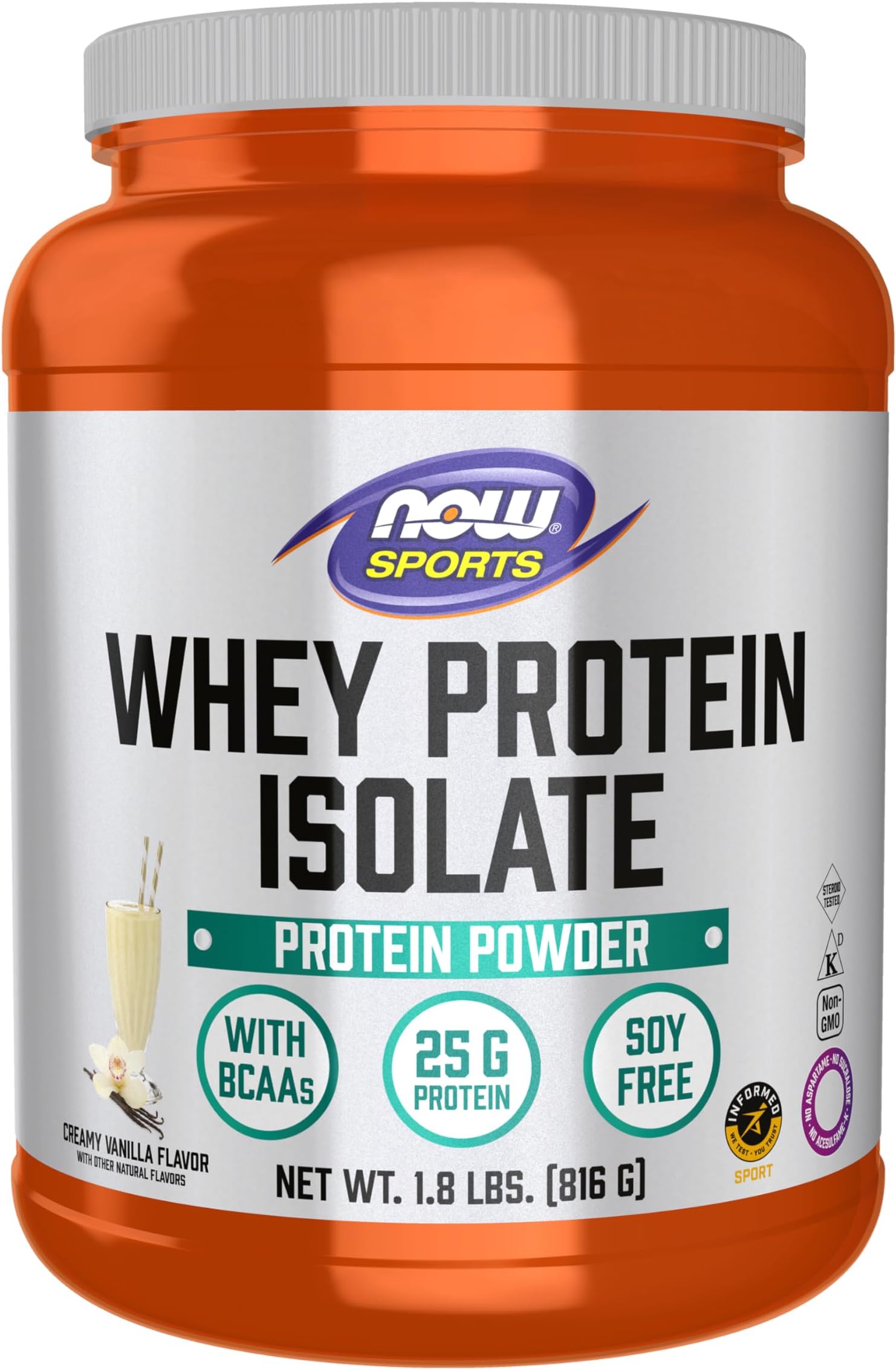 NOW Foods Sports Nutrition, Whey Protein Isolate, 25 G With BCAAs, Creamy Vanilla Powder, 1.8-Pound