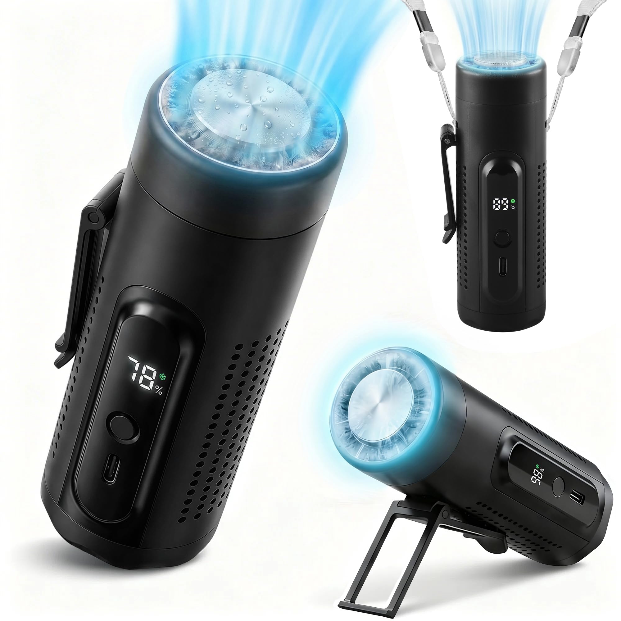 ZONSUSE Ventilatore Portatile, 3-in-1 Ventilatore a Mano con Piastra Rinfrescante, Mini Ventilatore Ricaricabile 5 Velocità con Display LED, Supporto da Tavolo e Luce da Tavolo Viaggio (Nero)