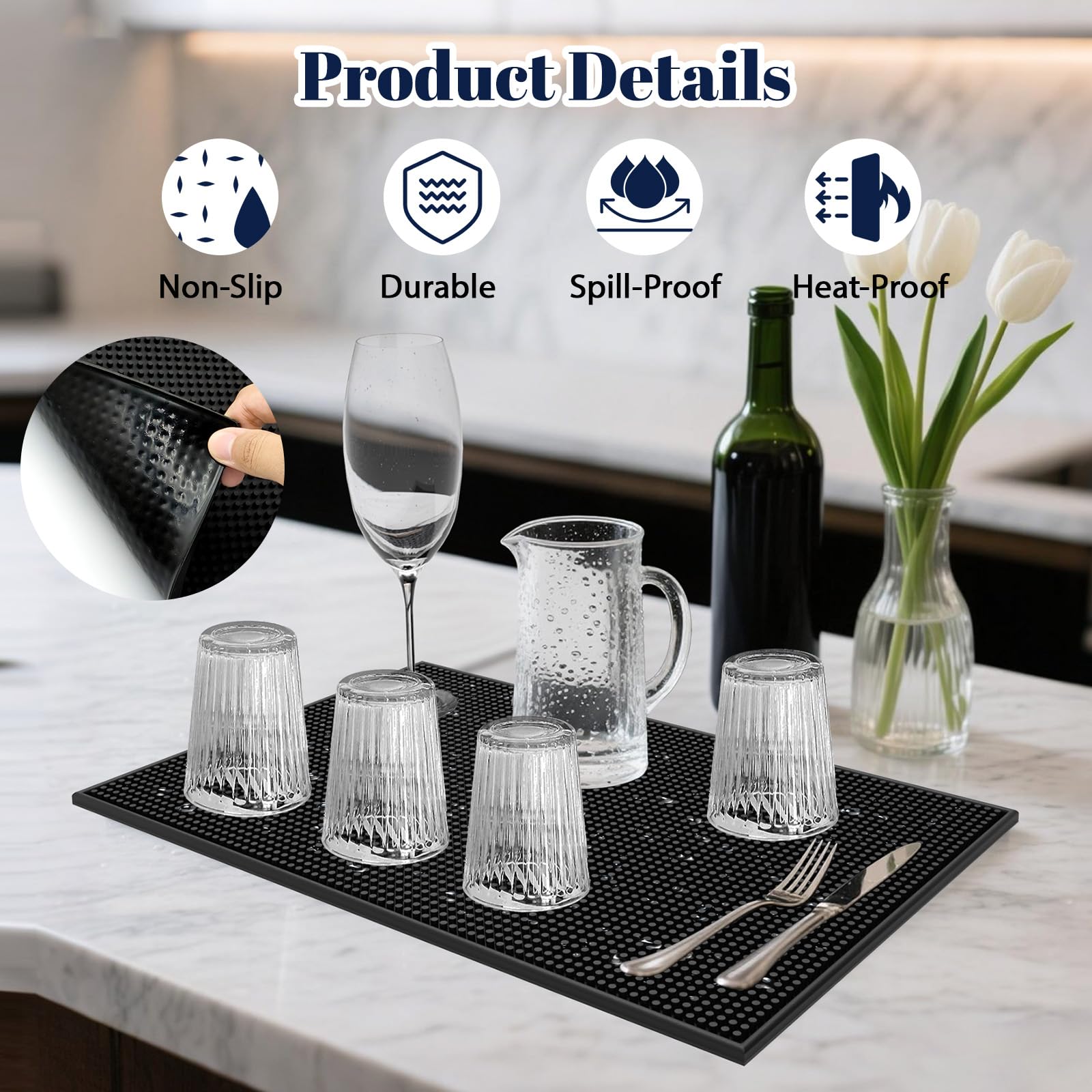 Confezione da 4 tappetini da bar in gomma per piano di lavoro della cucina, 45 x 30 cm, nero, tappetini per bar in vetro, casa, bar, opachi, per asciugare i piatti, antiscivolo, accessori per barista