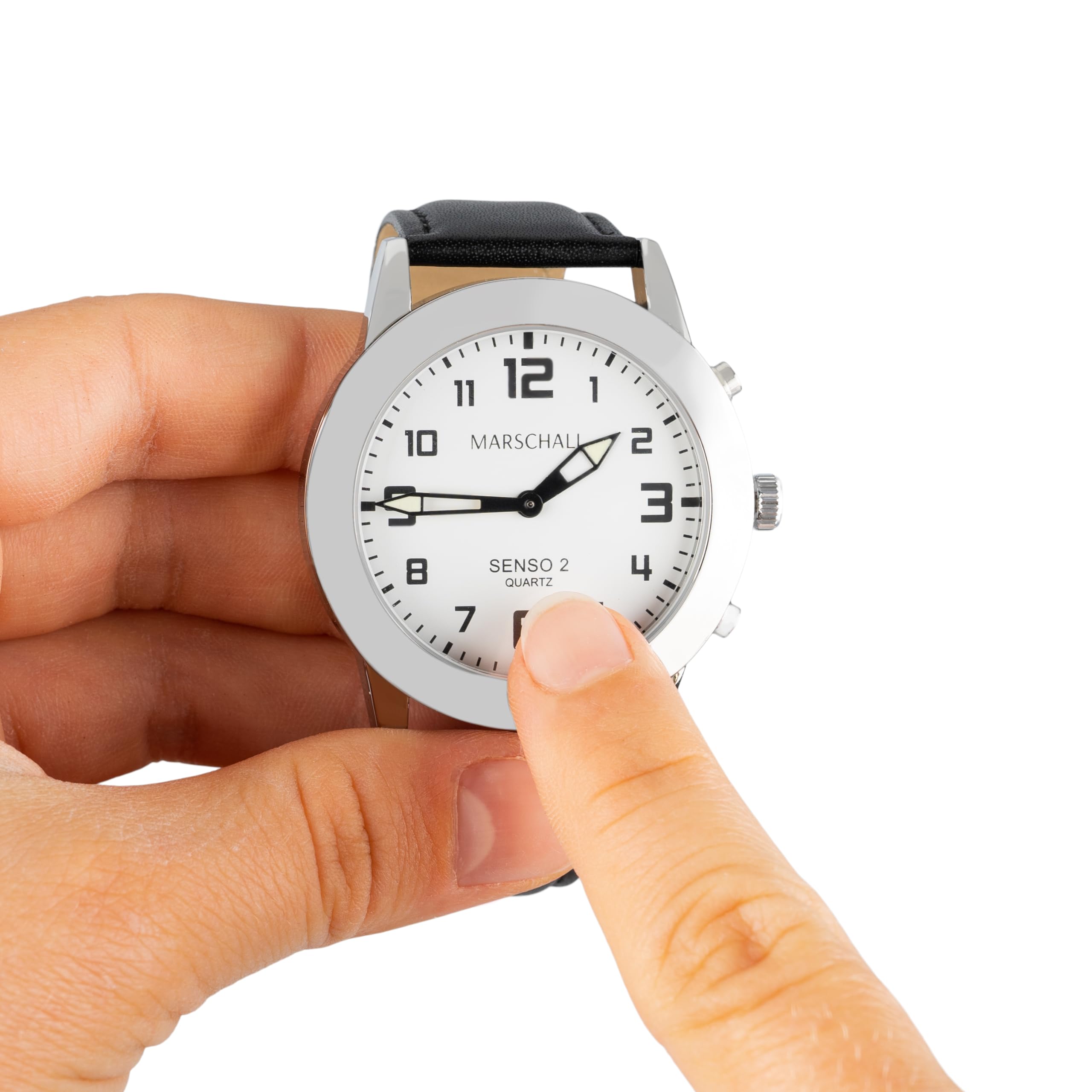 Marschall Senso Deutsch sprechende Herren Armbanduhr I S-HL2 I Mit Touch Funktion I Für Blinde, Senioren und Demenzkranke I Datum- und Zeitansage I Schwarzes Lederarmband