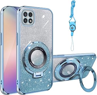 Phone Case for Galaxy A22 5G Slim Cute Clear Glitter Magnetic Soft TPU Glitter with Stand Protection Cover Light Blue