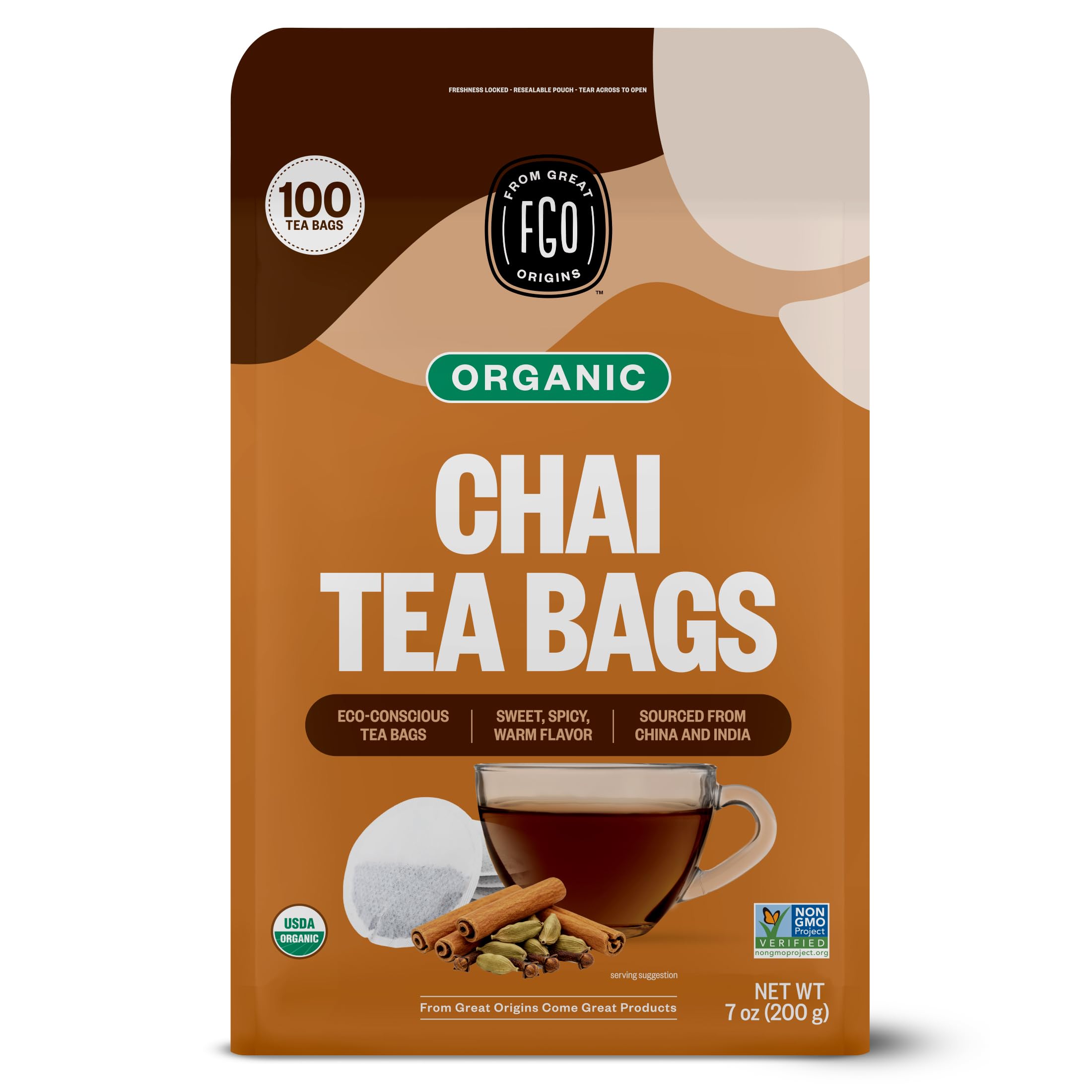 Organic Chai Tea, 100 Count, Eco-Conscious Tea Bags, Resealable Bag, Packaging May Vary (Pack of 1)