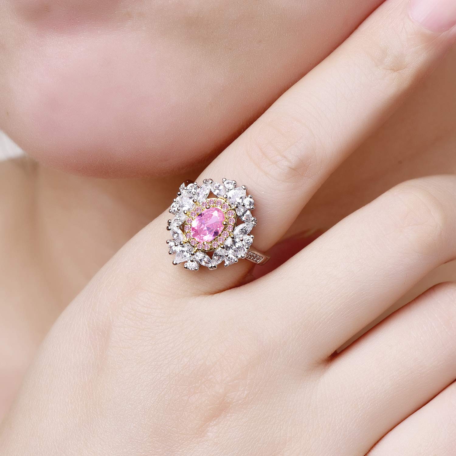 Emsione 925 Sterling Silver Plated Created Pink Topaz Oval Cut Halo Flower Cluster Cocktail Party Rings Eternity Bands for Women Size 7