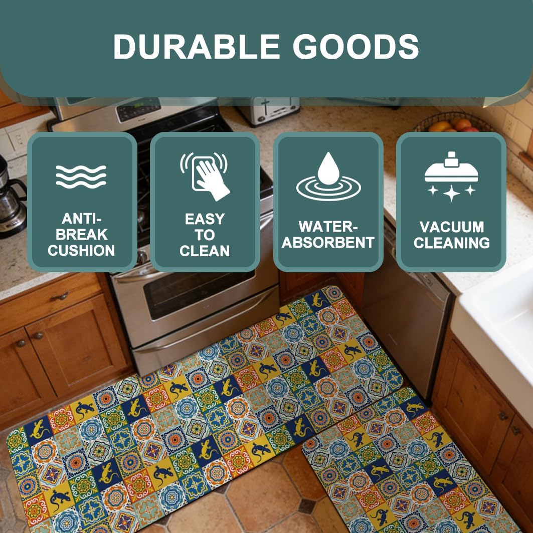 Kitchen Rugs Sets of 2 Cushioned Non Slip Mats Waterproof Floor Rug for Bathroom Kitchen Hallways Entryway Decor Washable 47"x17"+30"x17" (Gecko Geometry Vintage)