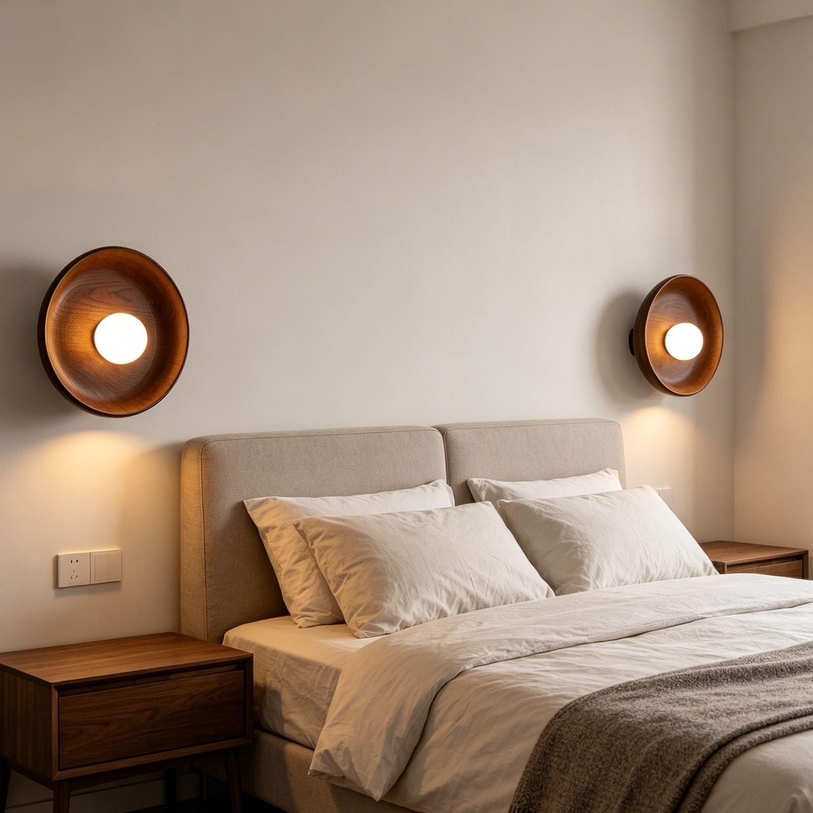 Minimalistische Wandleuchte aus Walnussholz, runder Globus, Glasschirm, festverdrahtete Wandleuchte, weiße Oberfläche, Innenwandbeleuchtung for Schlafzimmer, Nachttisch, Wohnzimmer(Walnut,28cm)