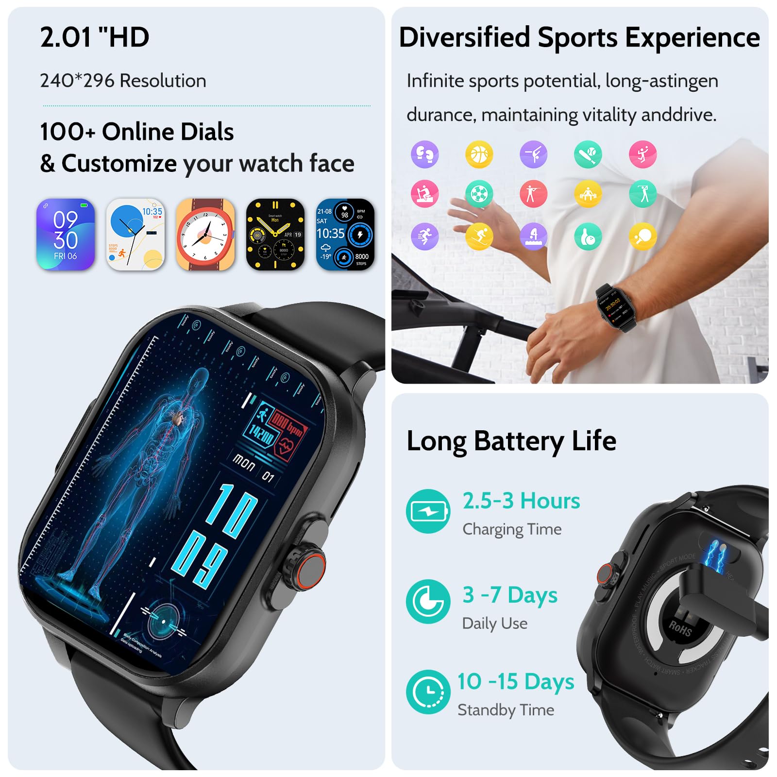 Smartwatch Donna Uomo,2.01"ECG+HRV/Rispondi/Effettua una chiamata 𝐆𝐥𝐢𝐜𝐞𝐦𝐢𝐚 Orologio 2025 con meteo Frequenza cardiaca Stress emotivo SPO2 di pressione sanguigna Sonno fitness sportivo Nero