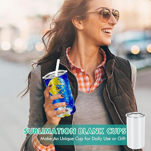 Miniatura 6 de Rommeka Vasos de sublimación de 12 onzas, paquete de 4 vasos de sublimación de acero inoxidable rectos y delgados para niños con tapas y pajitas,