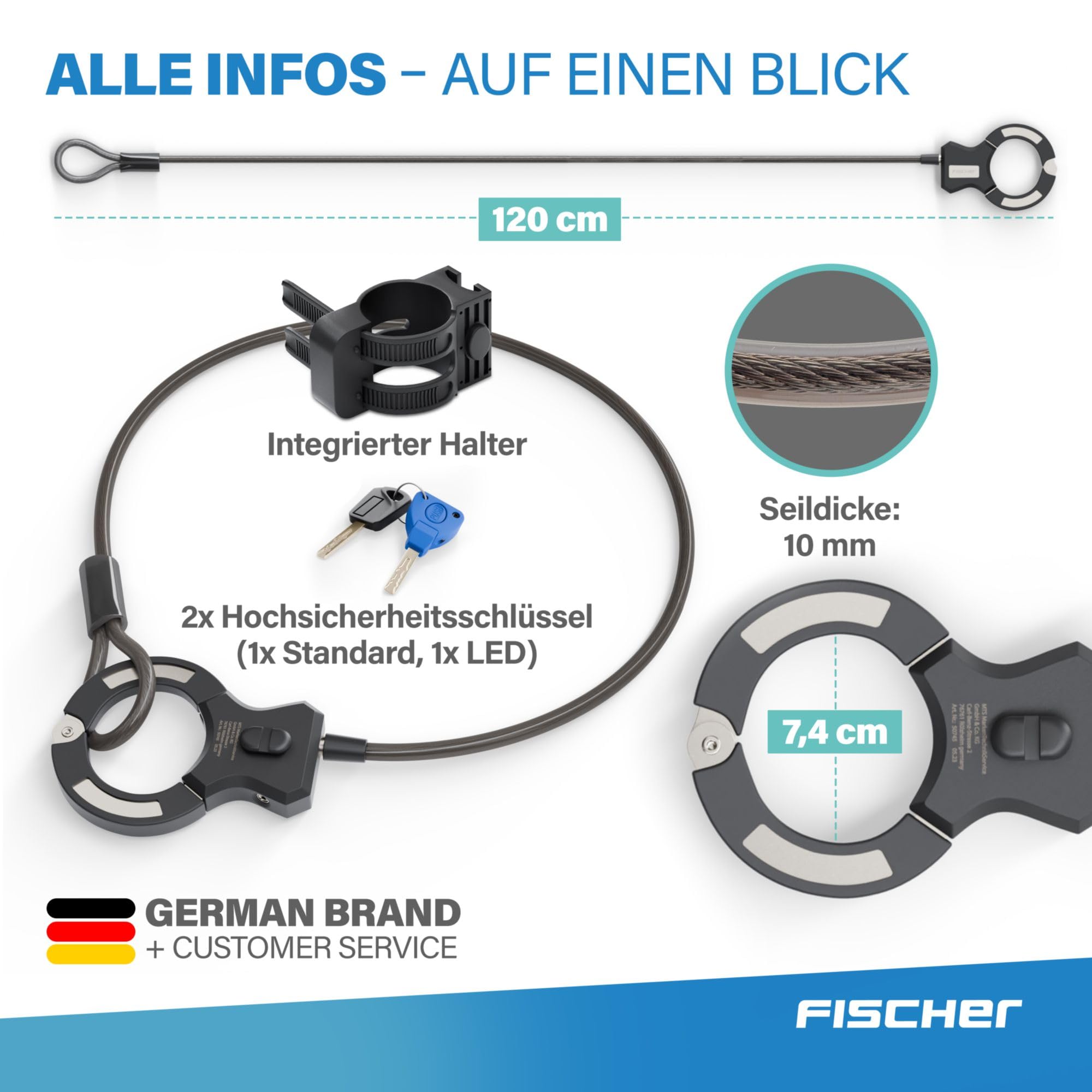 FISCHER Lucchetto a spirale per bicicletta, 120 cm, nero, con supporto, lucchetto con morsetto, per bicicletta elettrica, scooter elettrico