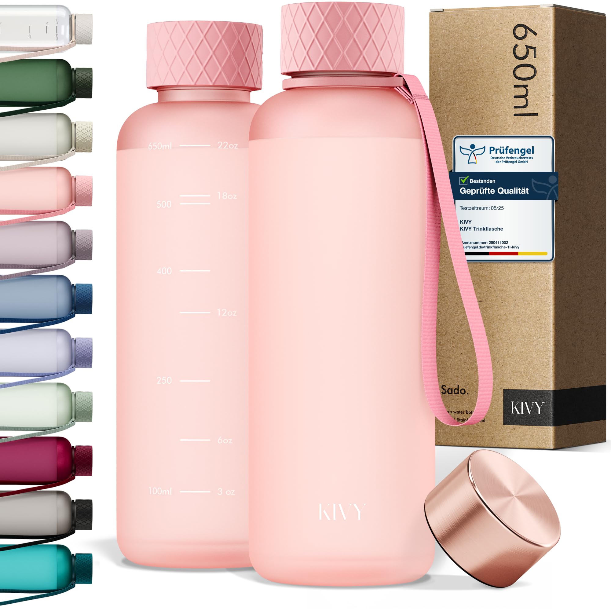 KIVY Trinkflasche 650ml [BPA FREI] Auslaufsicher & Spülmaschinenfest - Wasserflasche für Kinder & Erwachsene - Water Bottle Small - Trinkflasche Kinder - Tritan Flasche für Kohlensäure geeignet - Pink