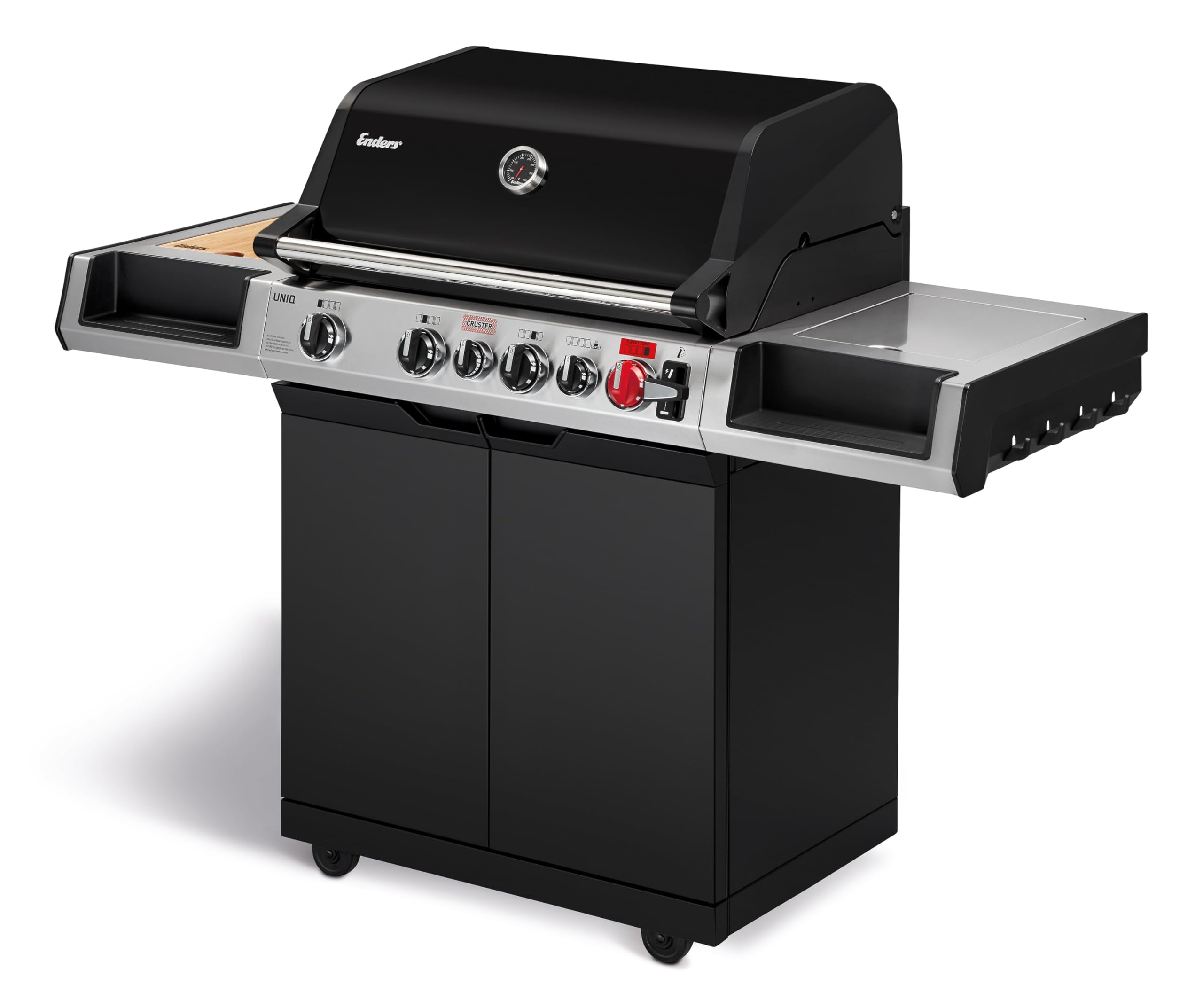 Enders® Gasgrill UNIQ 4 IK CRUSTER®, 4-Edelstahlbrenner, mehrstufige Drehregler, 800 °C TURBO ZONE™, SWITCH GRID™, HEAT RANGE™, SIMPLE CLEAN™, doppelwandige Garhaube, GN ½ Container, Bambusbrett #8702
