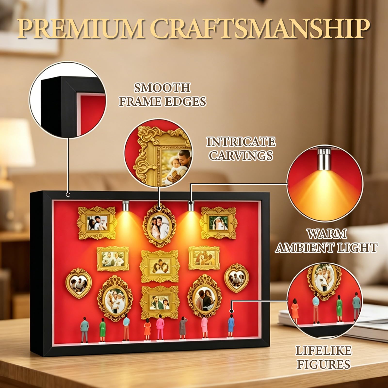 Pipihome DIY Mini Museum Bilderrahmen, Mini Figuren Menschen Museum Silhouette Box mit LED Licht & Golden Rahmen, Miniatur Menschen Bilderrahmen für Deko Wohnzimmer Schlafzimmer Jahrestag Hochzeit