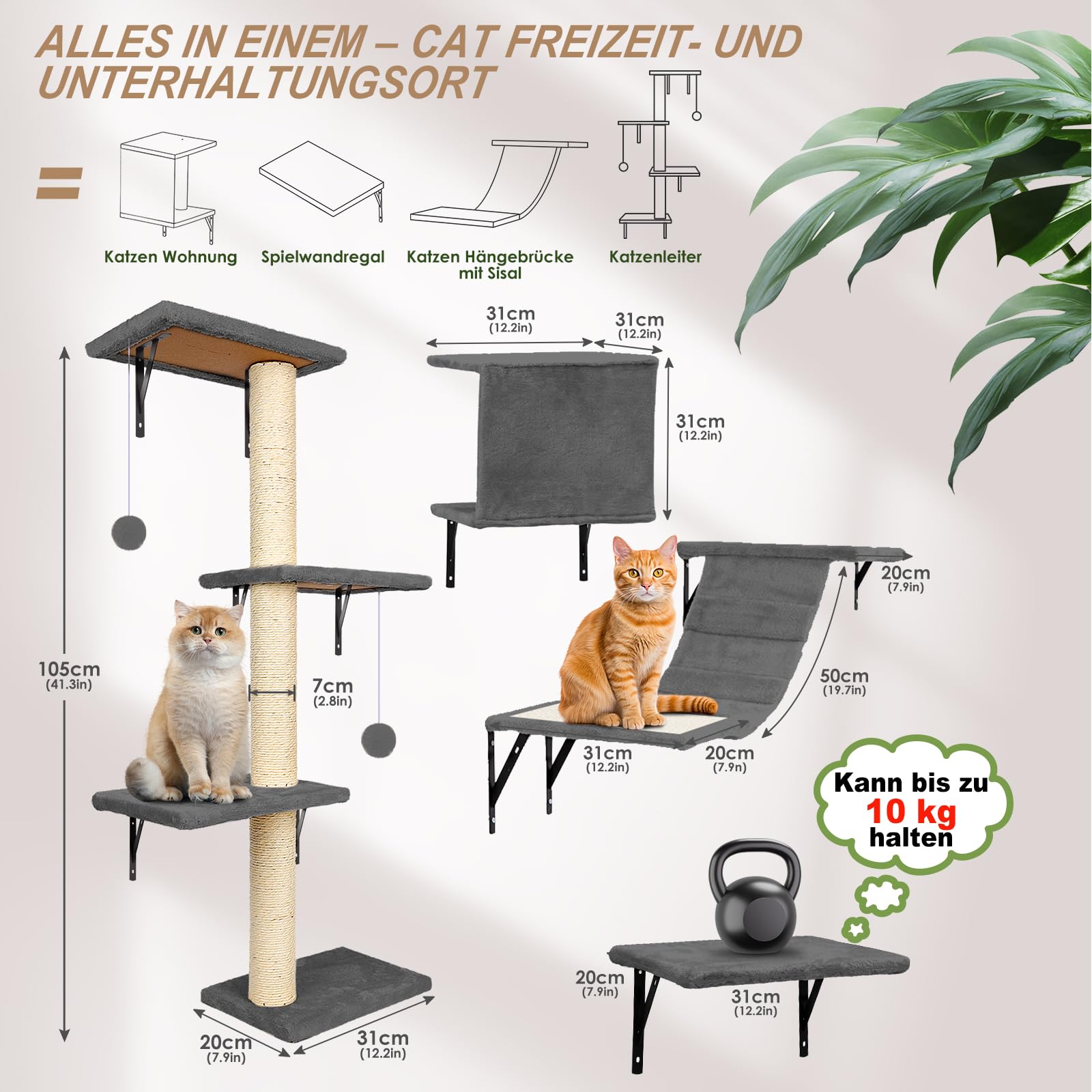 Giochi Gatti Salvaspazio Diceevil Parete Da Arrampicata Per Gatti - Set 3 In 1 Trasformabile Con Tiragraffi In Sisal Percorsi Per Gatti Da Parete