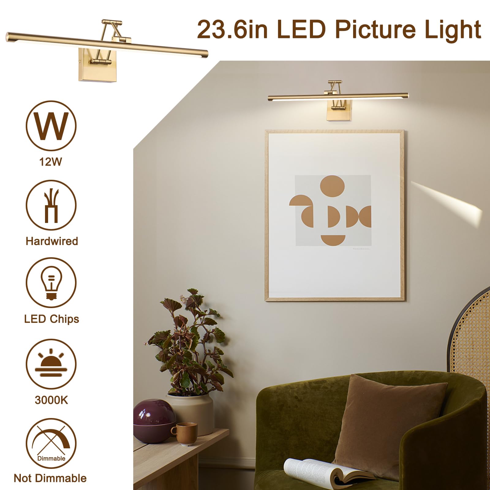 Brass Picture Light for Painting LED Gold Art Light Hard-Wired Picture Frame Lights 24 Inch Gallery Wall Light Modern Painting Lamps with Adjustable Swing Arm Display Lamp for Wall Artwork Warm White