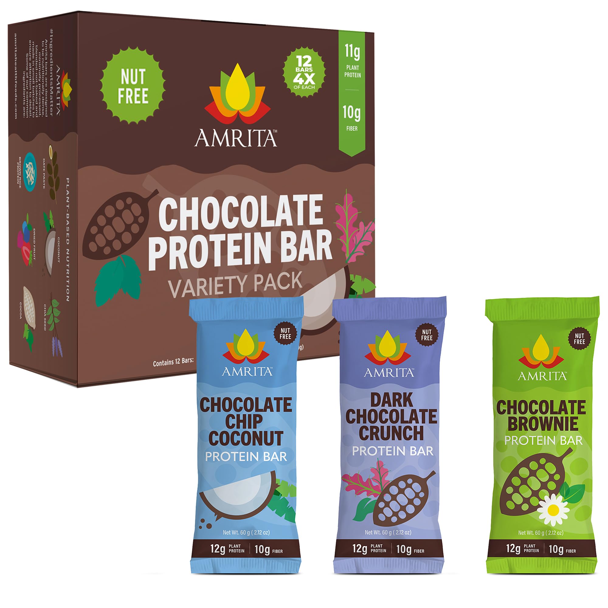 Amrita Nut Free Vegan Protein Bars 12 Pack, 12g Plant Based, Gluten Free