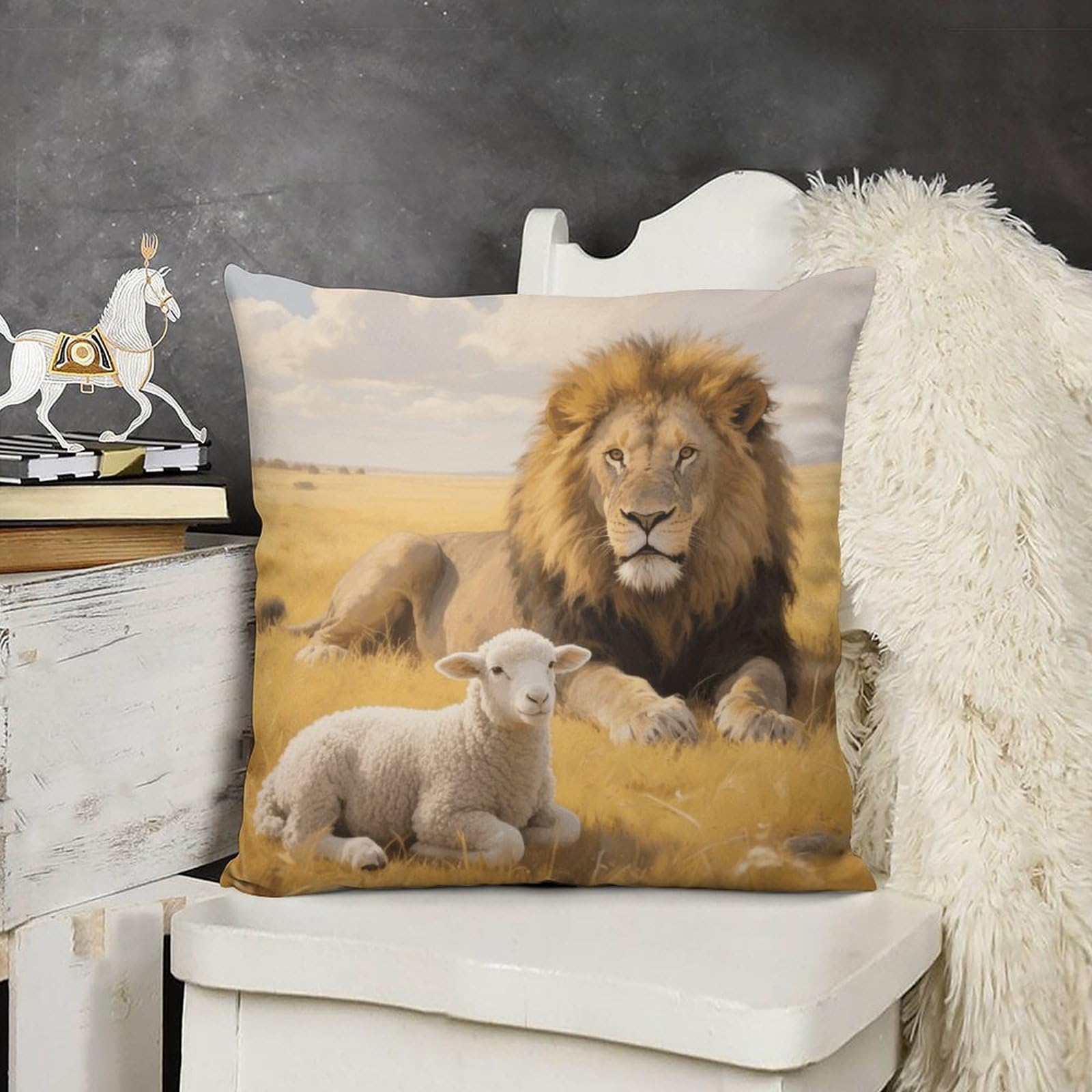 FodPand Boho Farmhouse Lion Sheep Pillow Covers with Hidden Zipper 18x18 Soft Plush Cushion Cover Decorative Throw Pillow Cases for Couch Bed Sofa Living Room Indoor Outdoor Home Decor