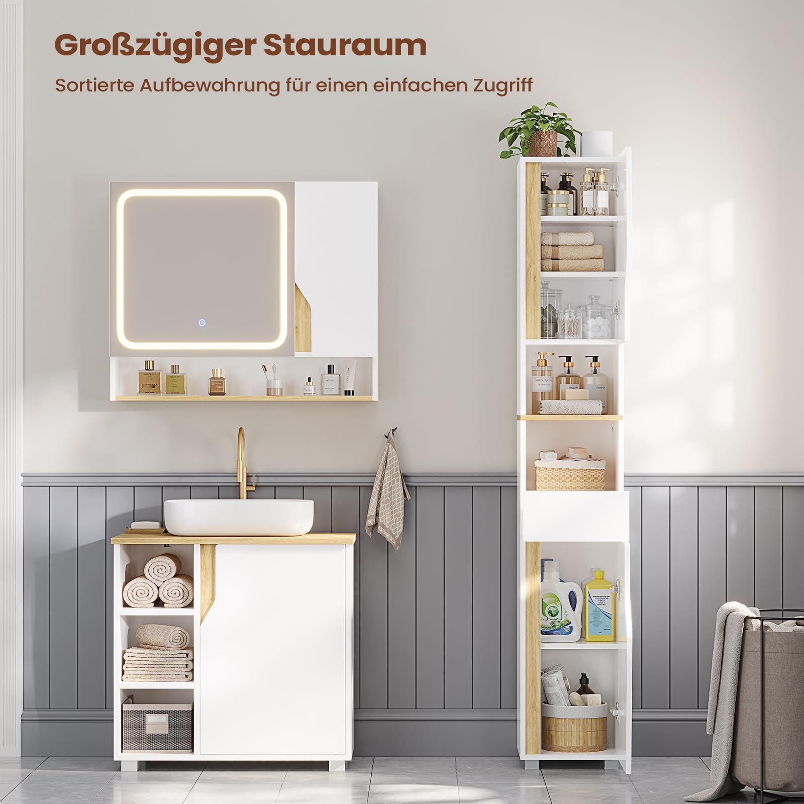 Badezimmerschrank, Hochschrank Badezimmer mit Schublade, verstellbare Ablagen, 2 offenen Fächern, platzsparender Badschrank, Badmöbel, für Wohnzimmer, Küche und Bad, Weiß, 30 x 30 x 180 cm