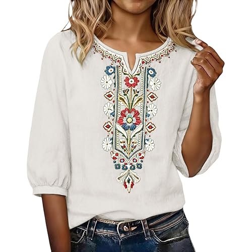 PIFAME Boho Embroidered Tops for Women Women's Petite Cotton Linen Shirts Loose Fit Dressy Casual 3/4 Sleeve Tunics