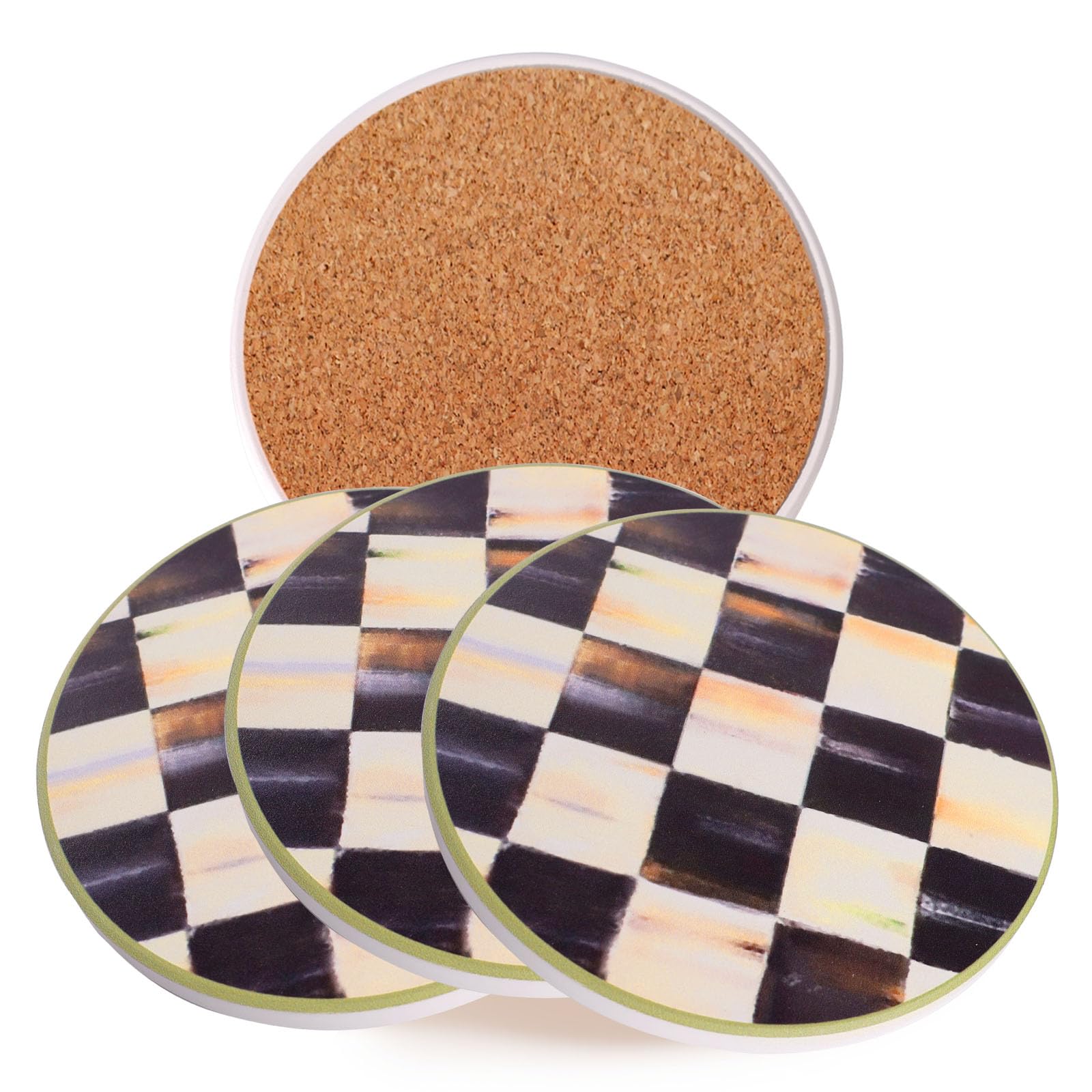 Round Balck and White Chekered Drink Coasters, Ceramic Coasters Set of 4, Absorbent Coasters with Anti Slip Cork Back, Black and White Plaid Racing