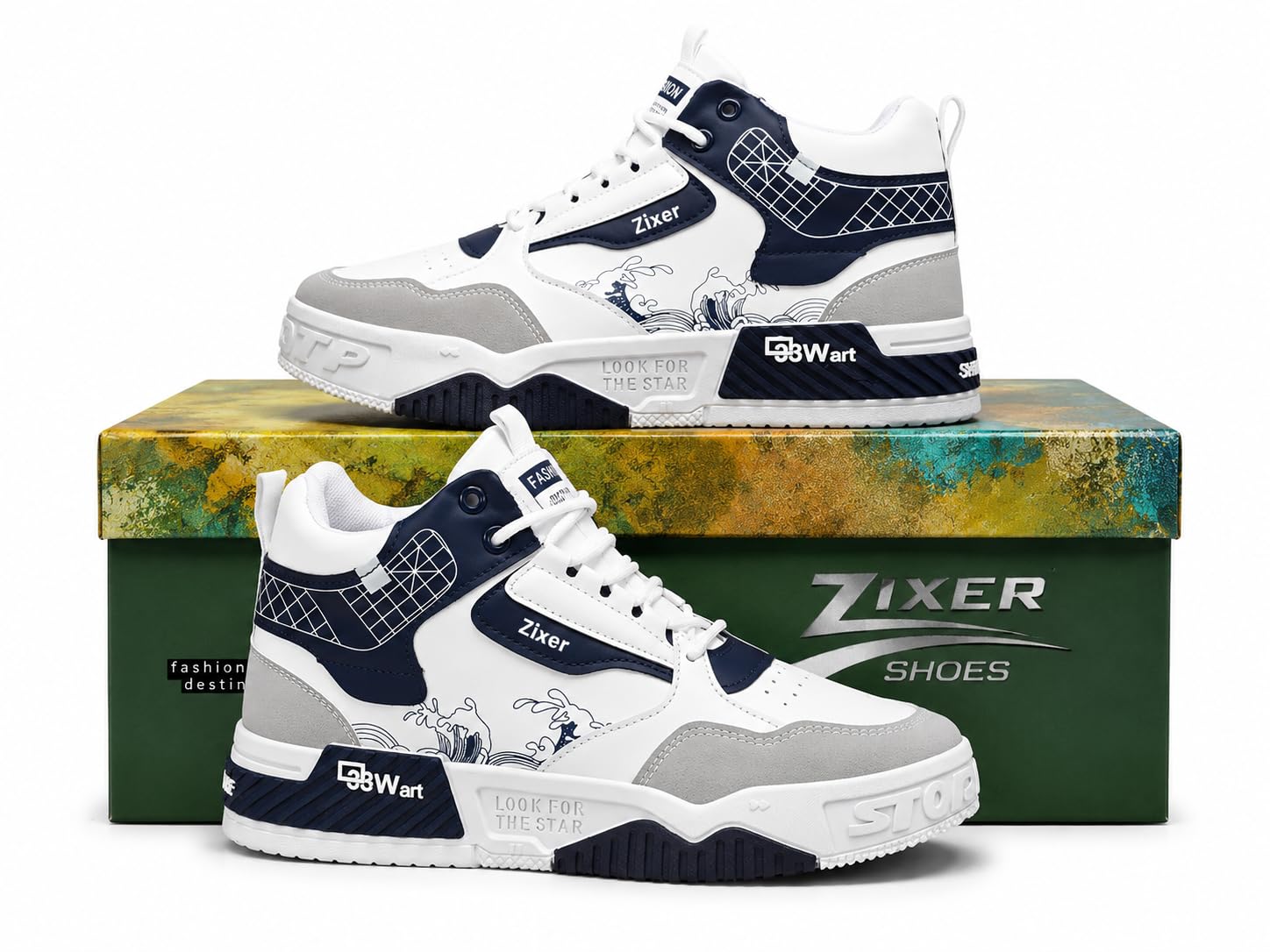 zixer Men’s Chunky Navy Blue White High-Top Sneakers for Men| Platform Casual Shoes for Men | Chunky Sole Cord Rope Lace Sneakers Comfortable Durable Street Style High-Top Shoes (Navy Blue & White)-picture-11