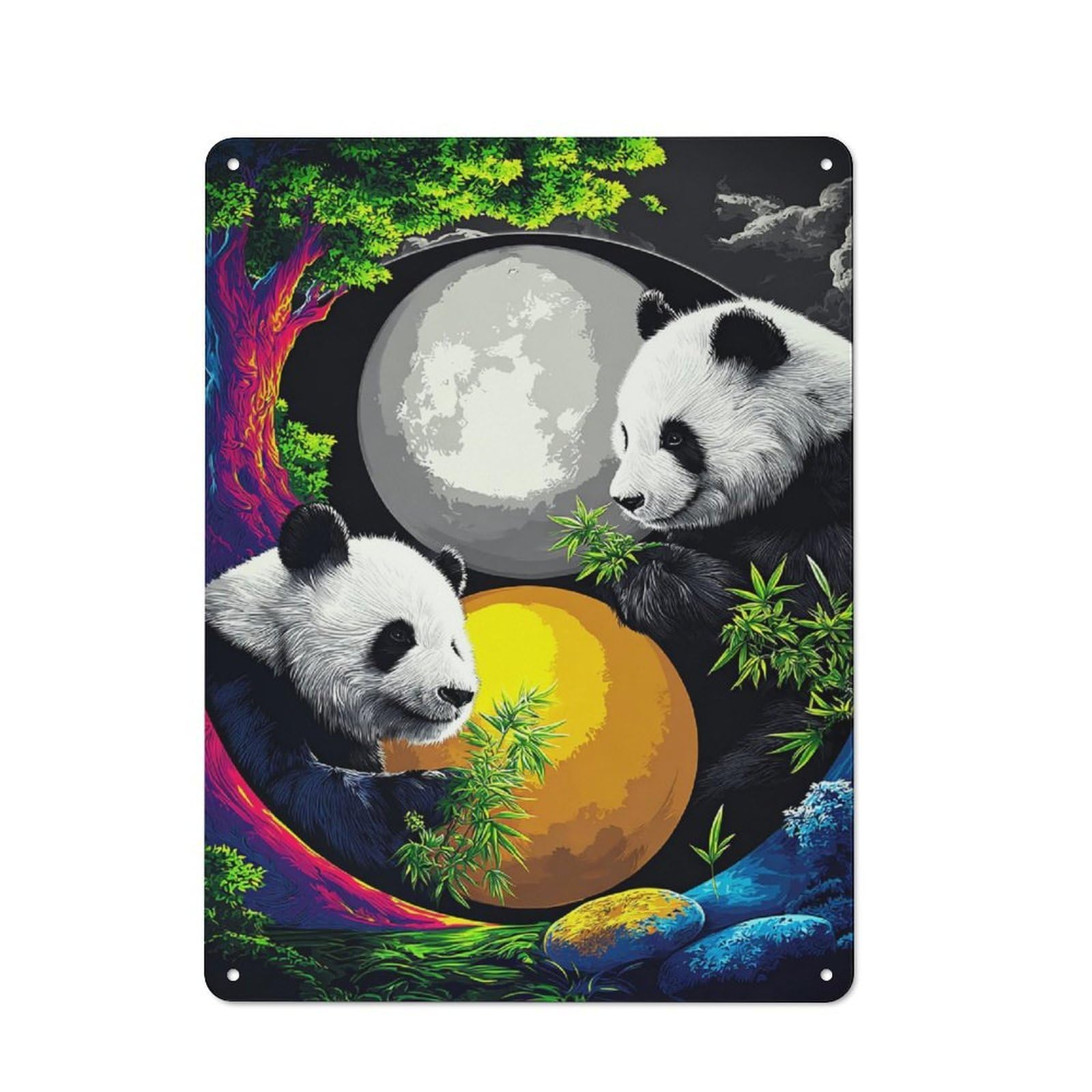 Junmoney Pandas Under The Yin-Yang Moon Character Decorative Tin Plaque 40X30cm Featuring Small Space Decor For Bedroom, Kitchen, Office Or Living Room