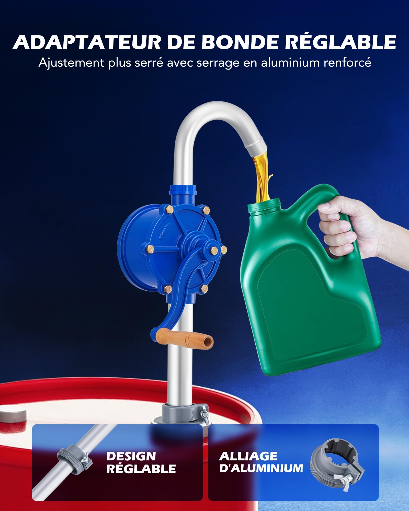 Orion Motor Tech Pompe Manuelle Carburant pour Fût 200L, Pompe de Transfert à Manivelle en Aluminium pour Diesel et Huile Moteur, Pompe à Huile avec Tuyau de 1m pour Fûts de 60 à 200 Litres