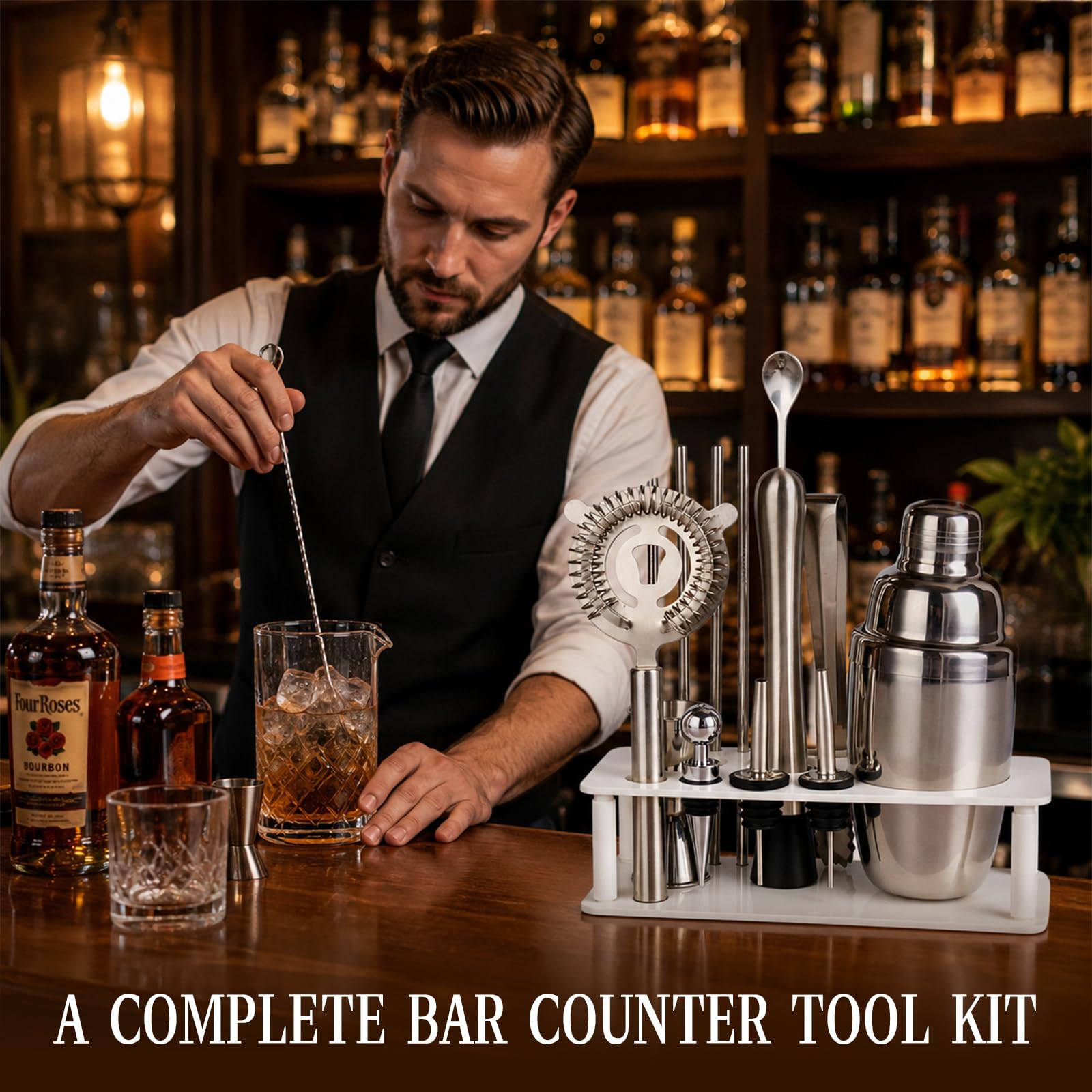Lot de 14 shaker à cocktail de 550 ml avec support, accessoires de bar, kit cadeau de barman, shaker à cocktail avec outils de bar importants, shaker en acier inoxydable pour fête (blanc)