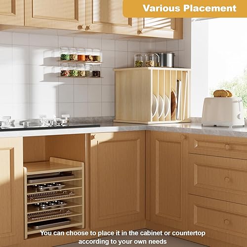 Miniatura 6 de Separadores de bandeja de madera de 7 niveles para gabinetes, organizador de bandejas de galletas para ollas, sartenes, bandeja organizadora para