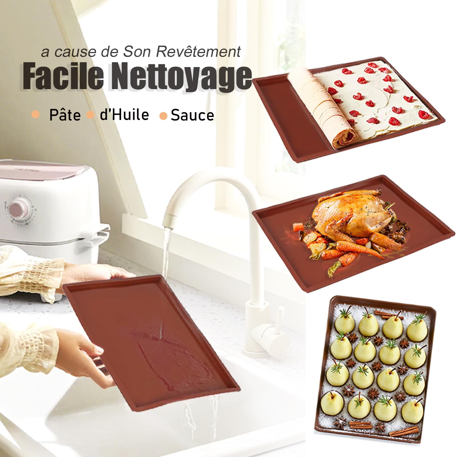 Moule Genoise Rebords 38x30x1.5cm Silicone Tapis Cuisson anti-débordement Rectangulaire