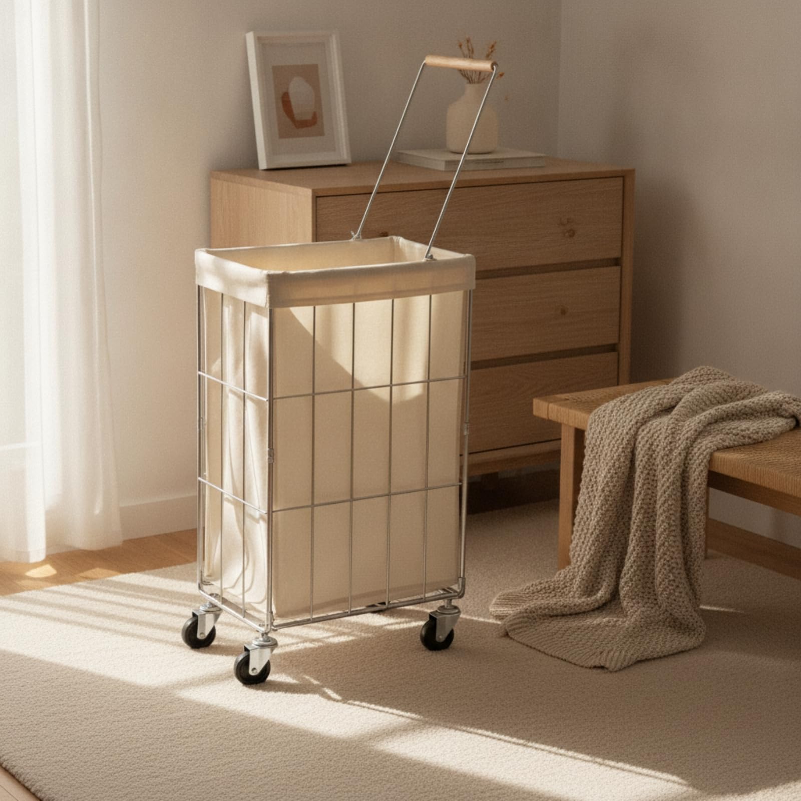 Carrello Biancheria Pieghevole Carrello Lavanderia Carrello con Ruote Telaio Acciaio Inox 201 Manico Spinta 34 Cm Ruote Girevoli Scorrimento Sacco Removibile Adatto per Casa Bagno Corridoio