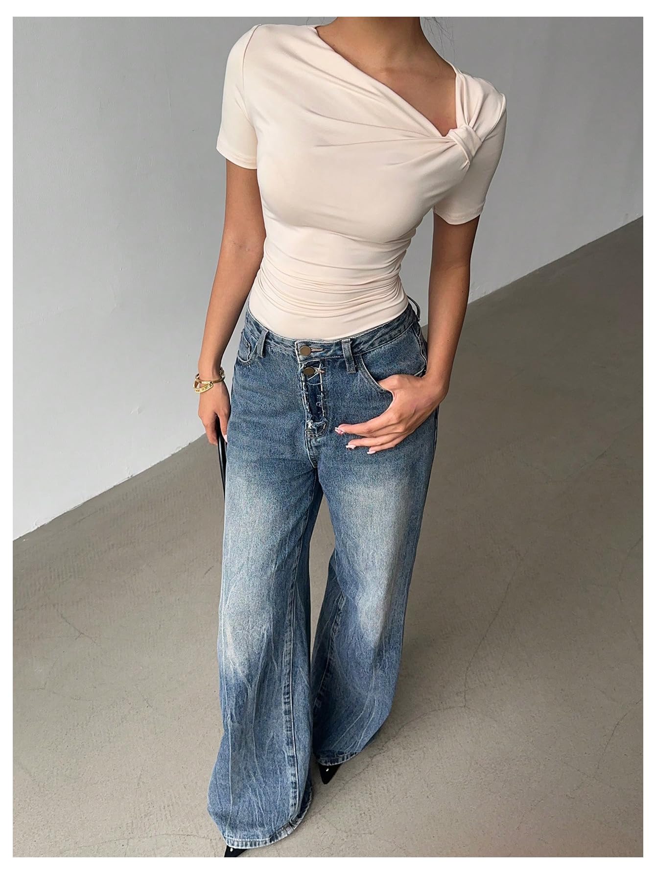 MakeMeChic Women's Off The Shoulder Tops Bow Y2k T Shirt Short Sleeve Fitted Summer Tee