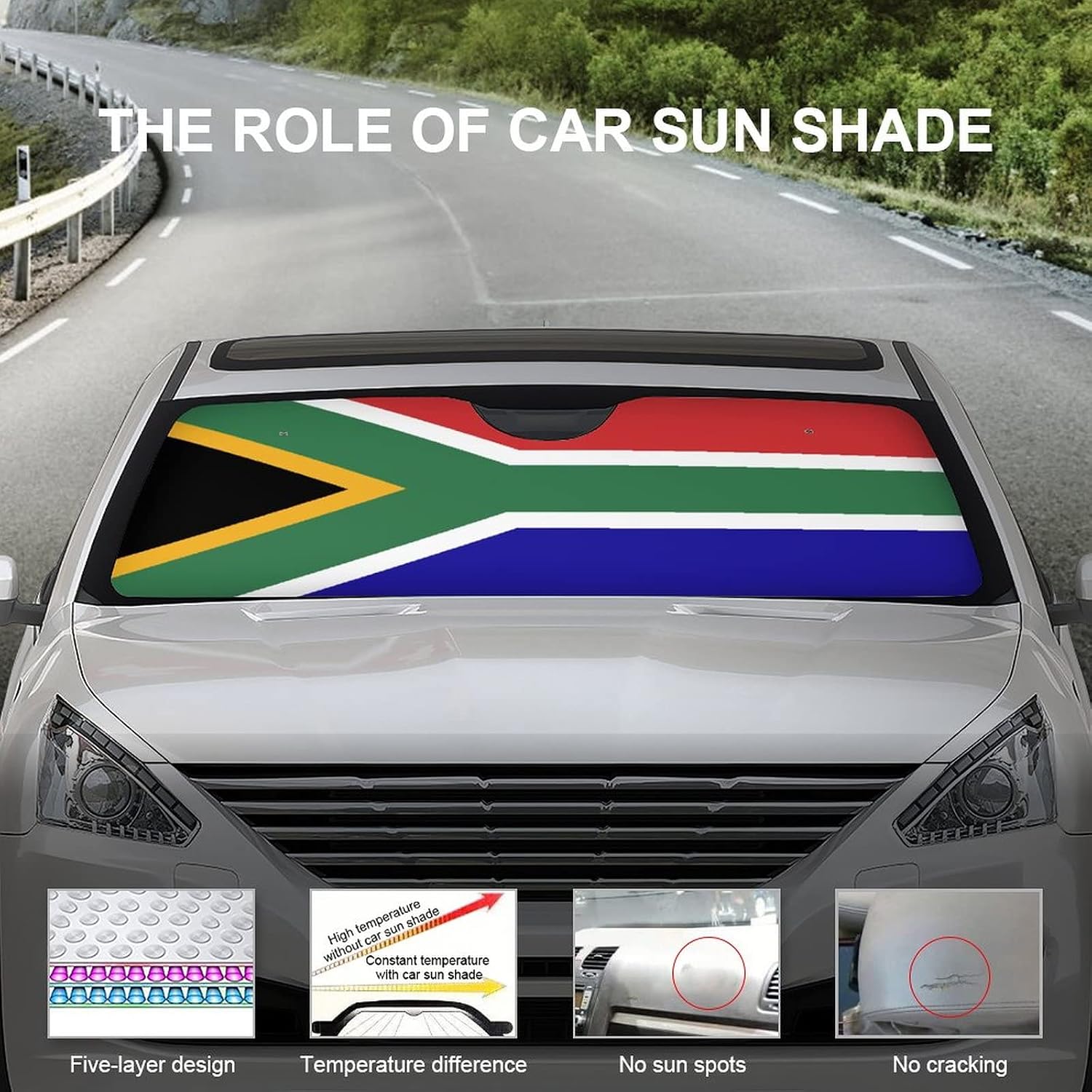 Front Windshield Sun Shade South African Flag Car Sun Shade Auto Sunshade for Car Truck SUV Blocks UV Rays Keep Your Vehicle Cool 55"x30"