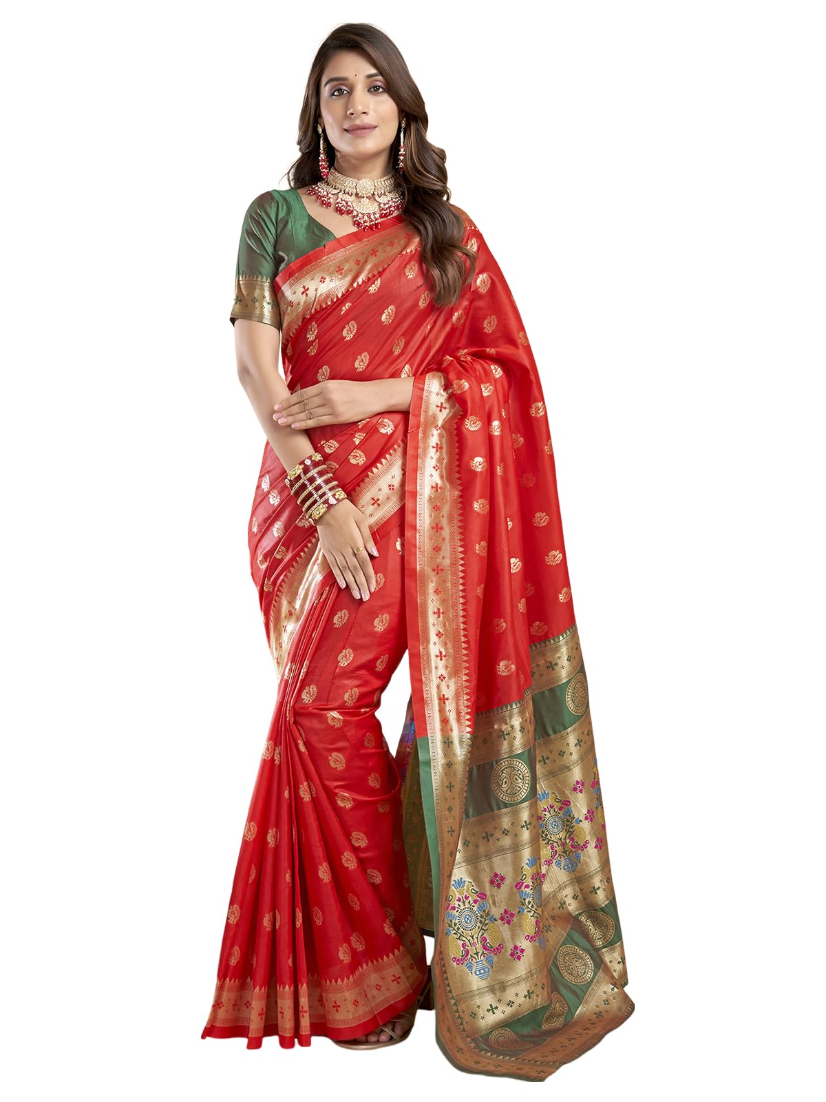 Satrani Women's Silk Banarasi Jacquard Saree With Unstitched Blouse Piece (3792S497N_Red & Golden)