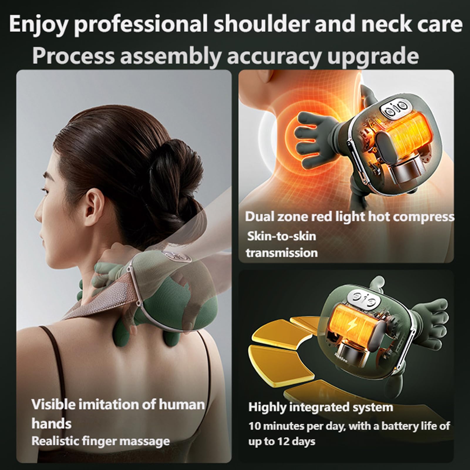 El masajeador de palma Thera para masaje de cuello y espalda cuenta con 3 modos de masaje, 2 funciones de calefacción y un diseño similar a la mano humana para una experiencia relajante sin igual.