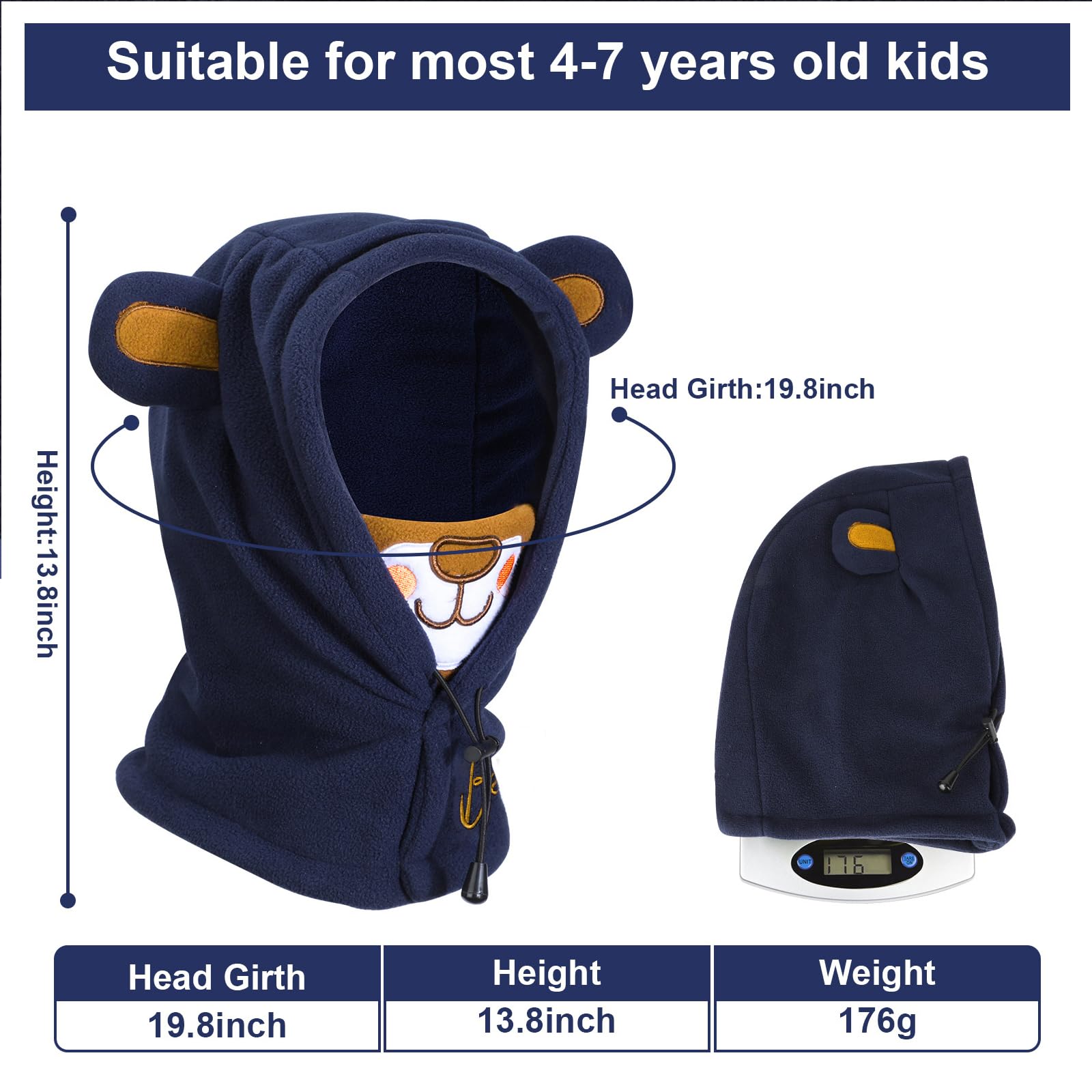 PHOGARY Schalmütze Schlupfmütze Kinder, Polar Fleece Wintermütze Jungen Niedliches Bärendesign, Balaclava Gesichtsmaske, Sturmhaube Kinder Kapuzenschal 47cm-52cm Verstellbar (2-5 Jahre)