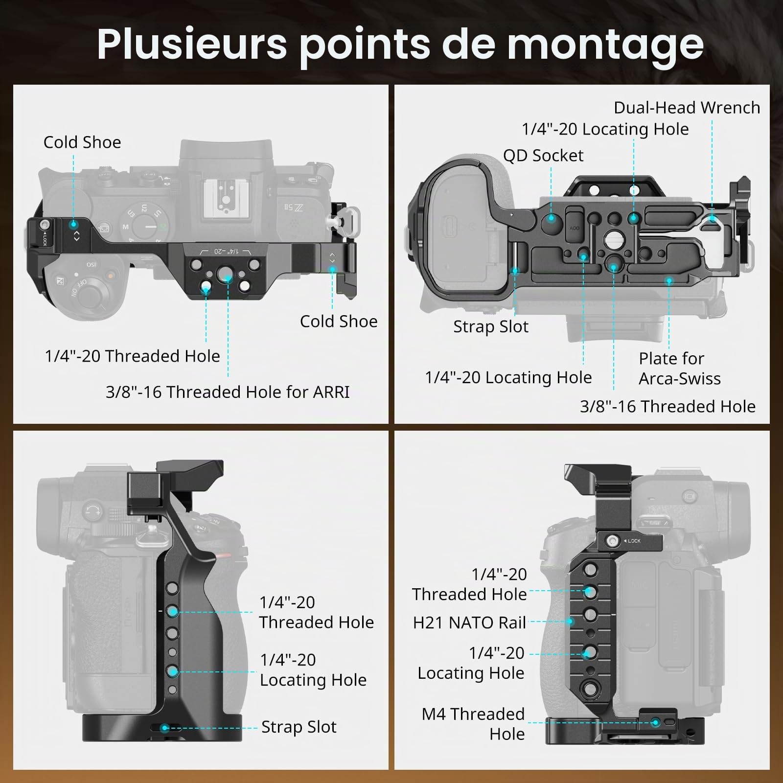 SMALLRIG Cage pour Nikon Z5 II, Z5, Z6, Z6II, Z7, Z7II, Cage en Alliage d'Aluminium avec Support pour Griffe, Trous filetés 1/4''-20 et 3/8''-16, Plaque de Fixation Rapide pour Arca-Swiss - 5257