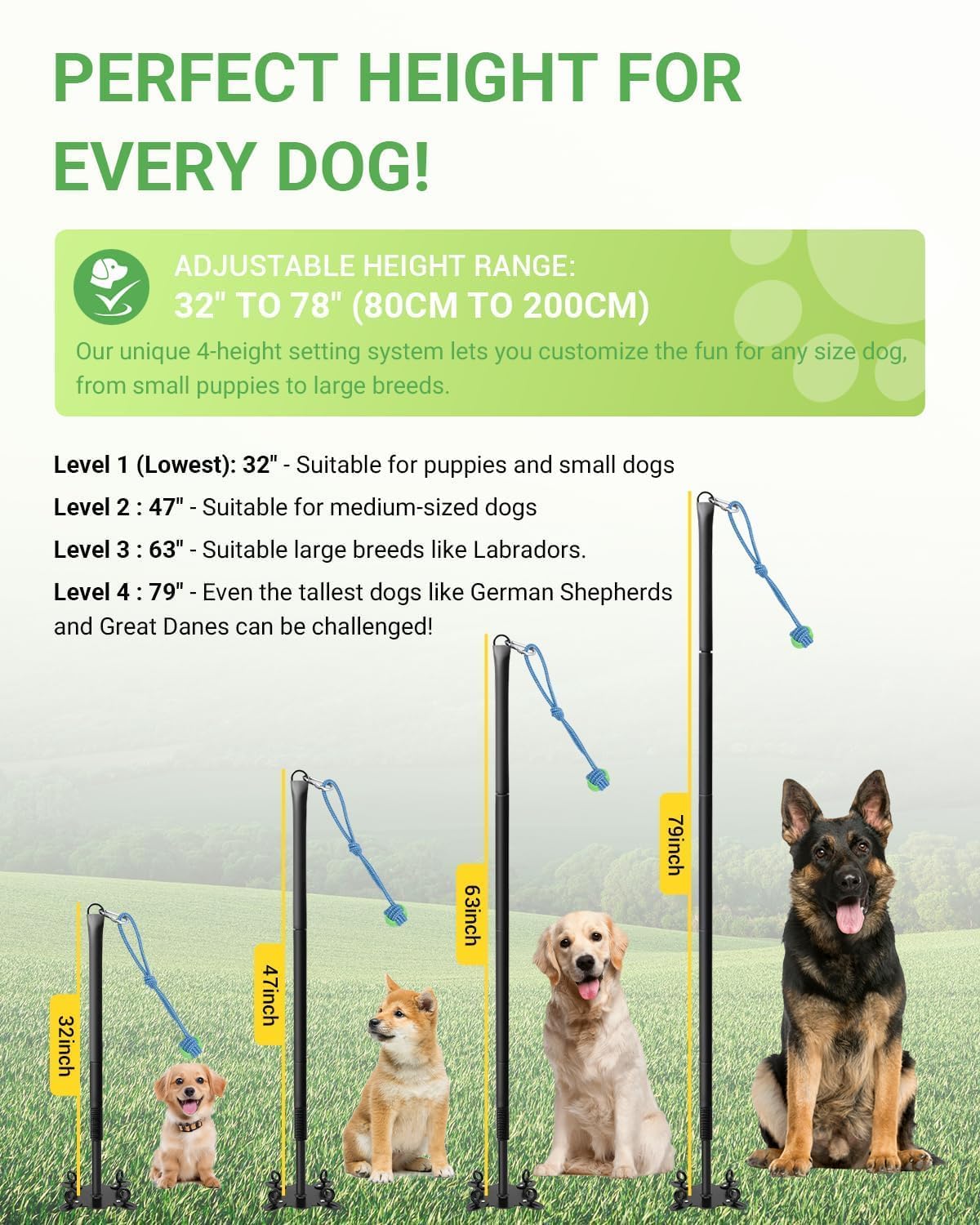 Juguete para perros de 78.7 cm a 198.1 cm, 3 cuerdas reemplazables y anclaje en espiral, 4 postes de resorte duraderos para perros grandes, medianos y pequeños