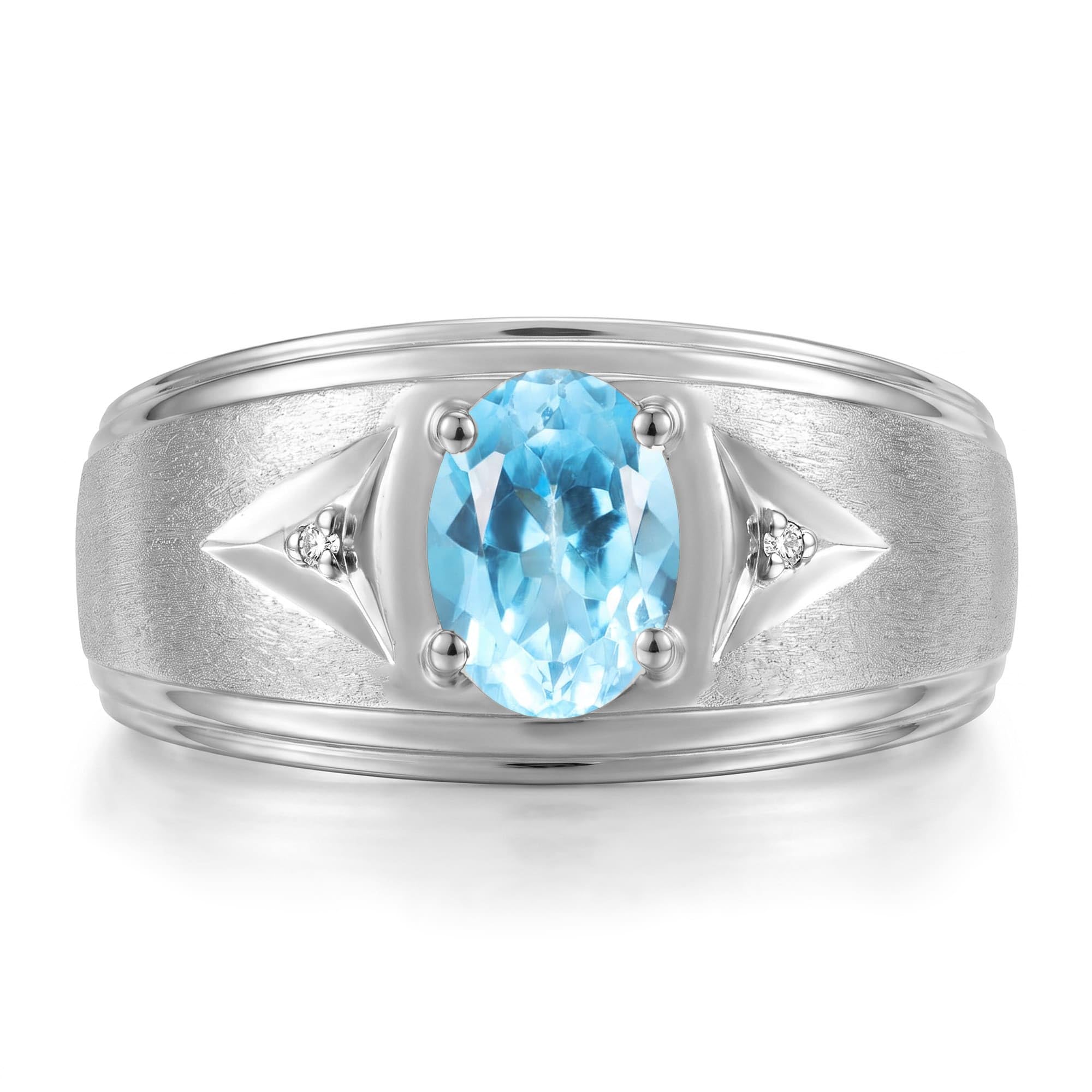 Rylos Men's Rings Classic Design 8X6MM Oval Gemstone &amp; Sparkling Diamond Ring - Color Stone Birthstone Rings for Men, Sterling Silver Rings in Sizes 8-13. Elevate Your Style with Timeless Elegance!