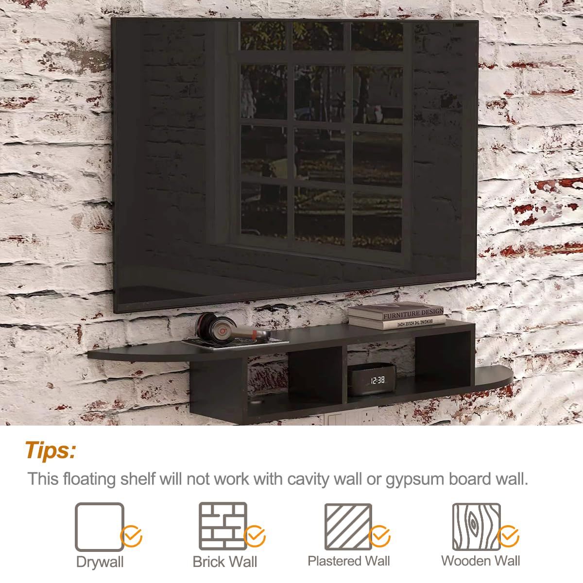 GHC Supporto per TV sospeso, da parete, per centro di intrattenimento e armadio, console TV con contenitore, console multimediale per lettore DVD, salvaspazio sotto la mensola della TV per camera da