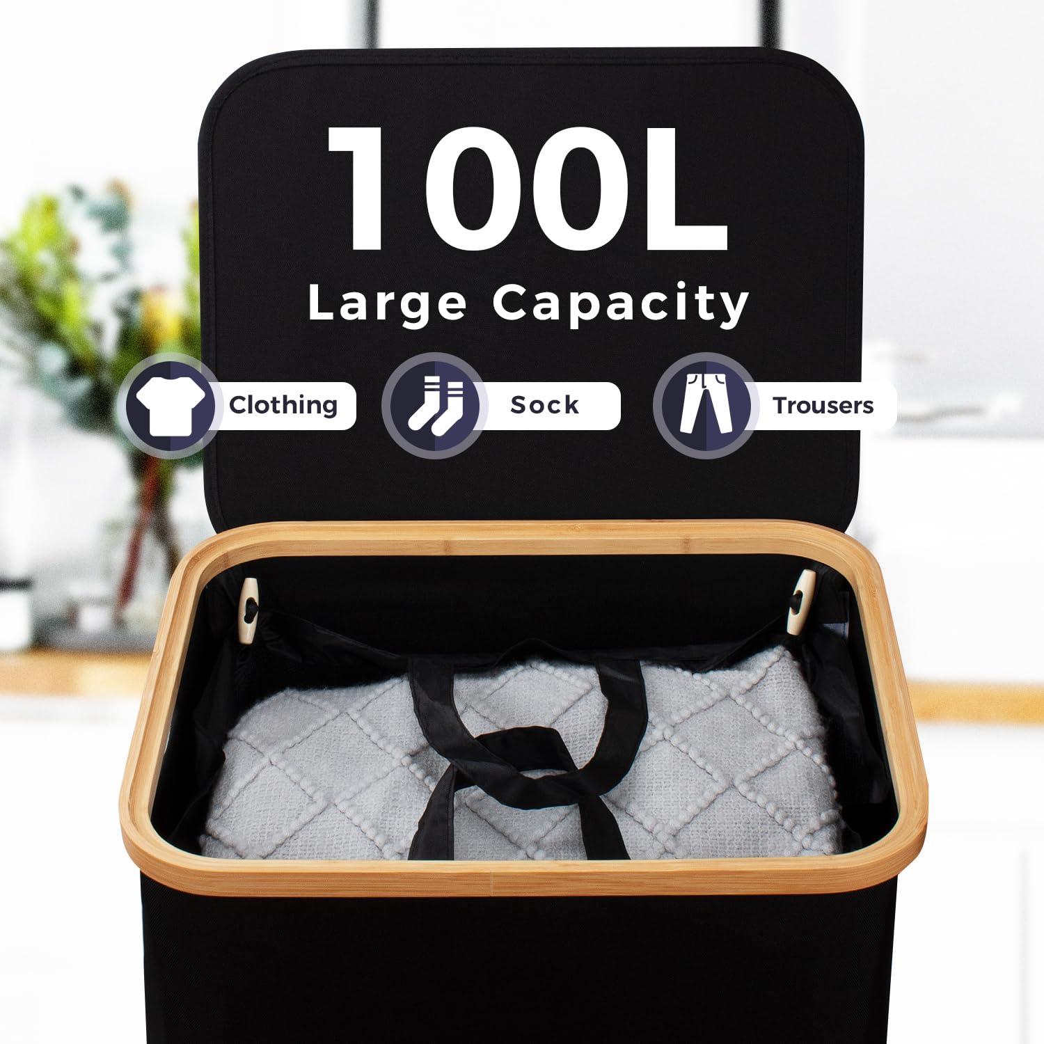 Rieeyrslza 100L Wasmand met Deksel Opvouwbare Kledingmanden Oxford Doek Wasverzamelaar Uitneembare Waszakken Bamboe Wasemmer Bewaar Dekens Handdoeken(Zwart