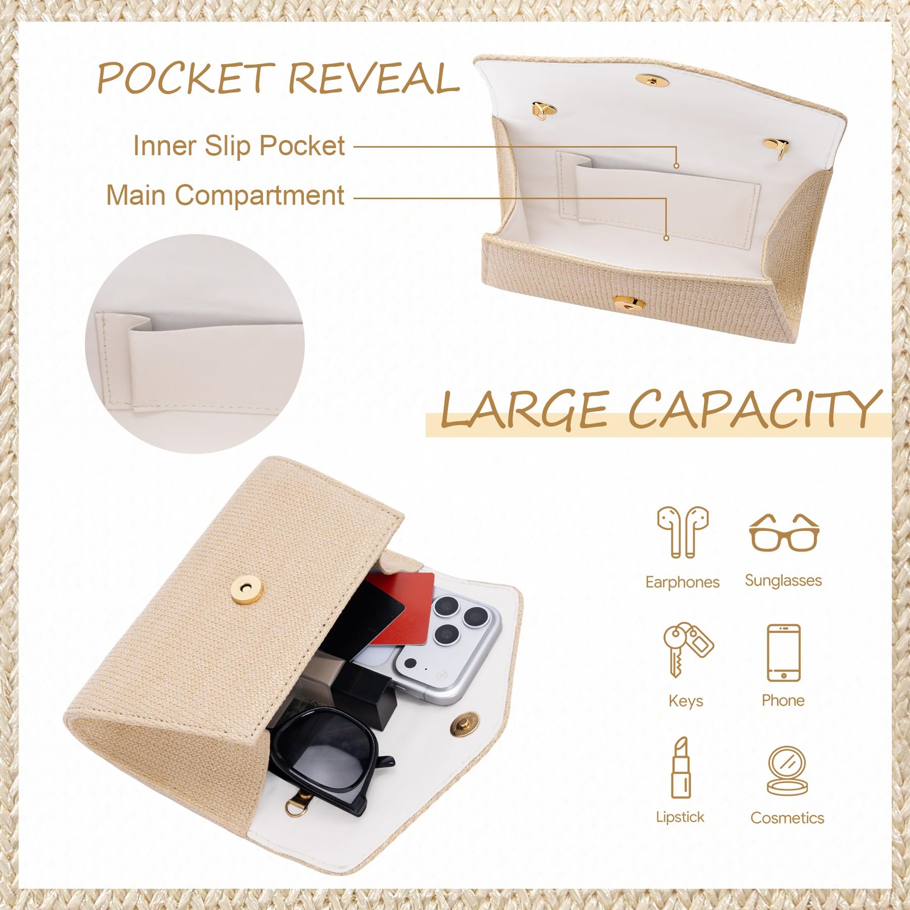 Stroh Clutch Damen, Sommer Strand Handtasche Damen Klein mit Abnehmbarer Kette, Elegante Umschlag Abendtasche, Boho Geflochtene Umhängetasche Beige für Hochzeit Cocktail Party