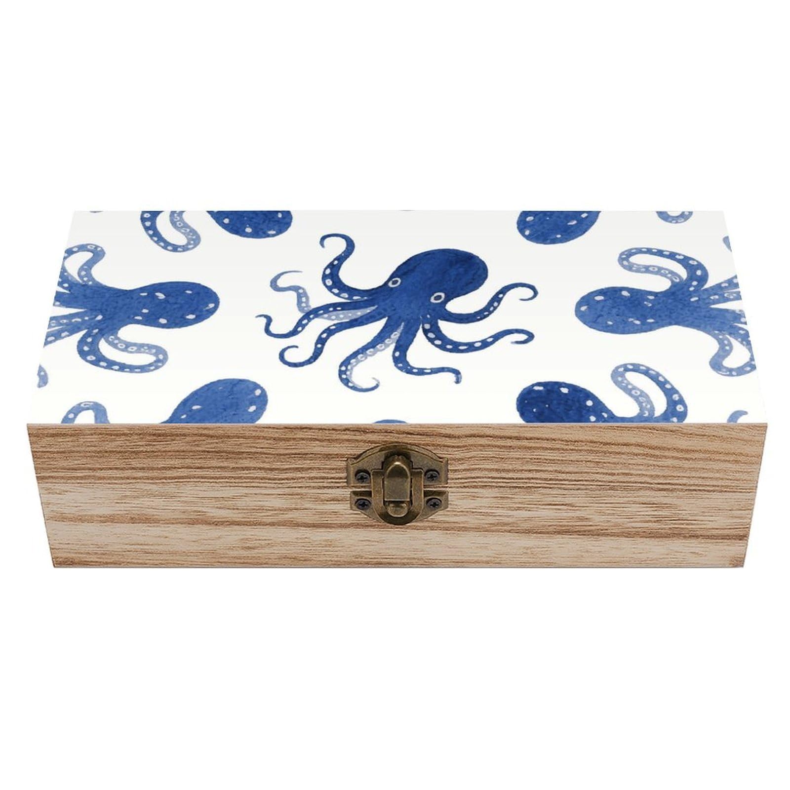 FodPand Decorative Keepsake Box Wooden Storage Boxes with Hinged Lid Handmade Blue Octopus Wood Organizer Memory Treasure Box for Jewelry Craft Card Photo Storage Wedding Bridal Shower Gifts