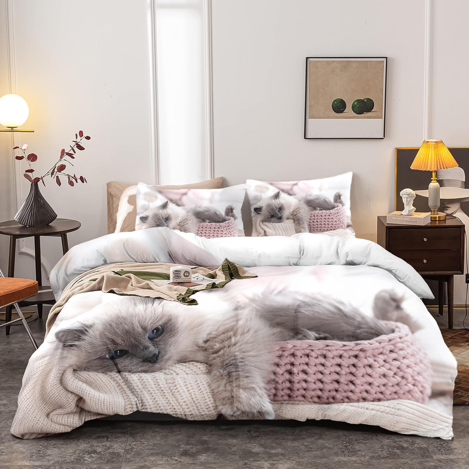 Yzehomijia Cat Duvet Cover Sets 200×200 cm, 3D Cat Print, 1 Pink Microfibre Duvet Cover + 2 Pillowcases 65×65 cm.(Cat3×200)