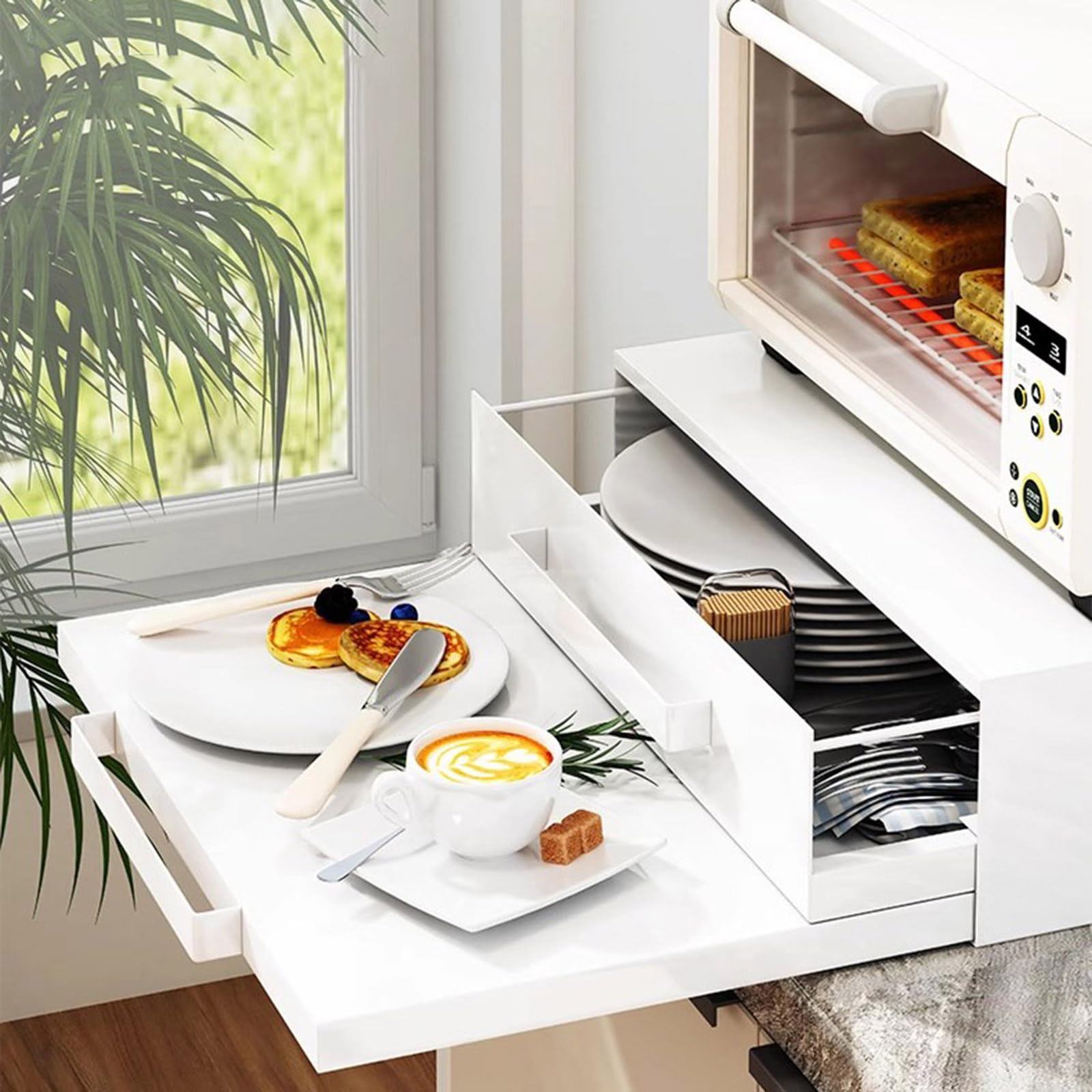 Vassoio scorrevole adjuble in acciaio al carbonio per microonde, 47 x 36 e 62 x 14 cm, ripiano estraibile bianco per cucina Sto & nizat
